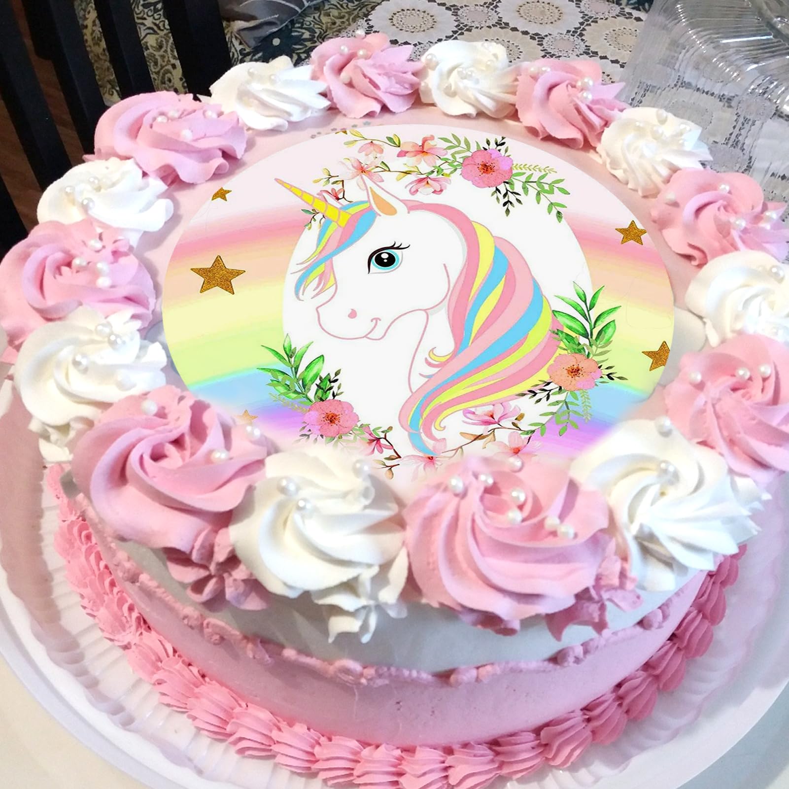 UNICORN ROUND EDIBLE BIRTHDAY CAKE TOPPER DECORATION PERSONALISED - Foto 6