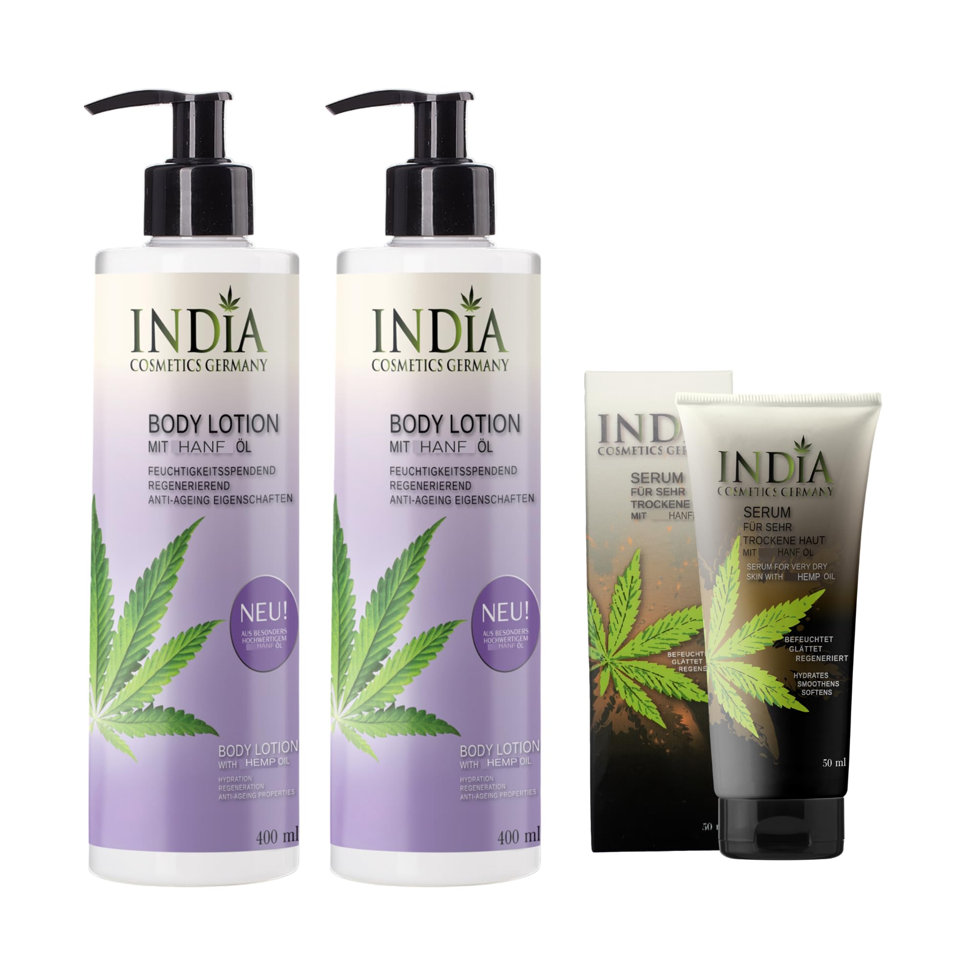 Bodylotion Doppelpack mit Hanfsamenöl – 2 x 400 ml XXL Körperlotion ohne Parabene inkl. Serum Hautcreme, feuchtigkeitsspendende Pflege für geschmeidige Haut