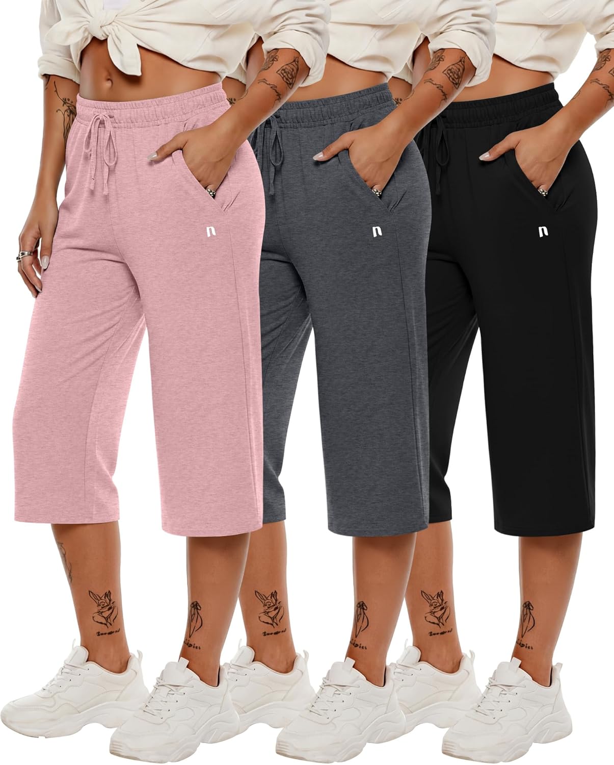 Neer 3 Pack Women's Capri Pants, Wide Leg Basic Sweatpants Lounge Loose Fit Casual Drawstring Yoga Capris with Pockets