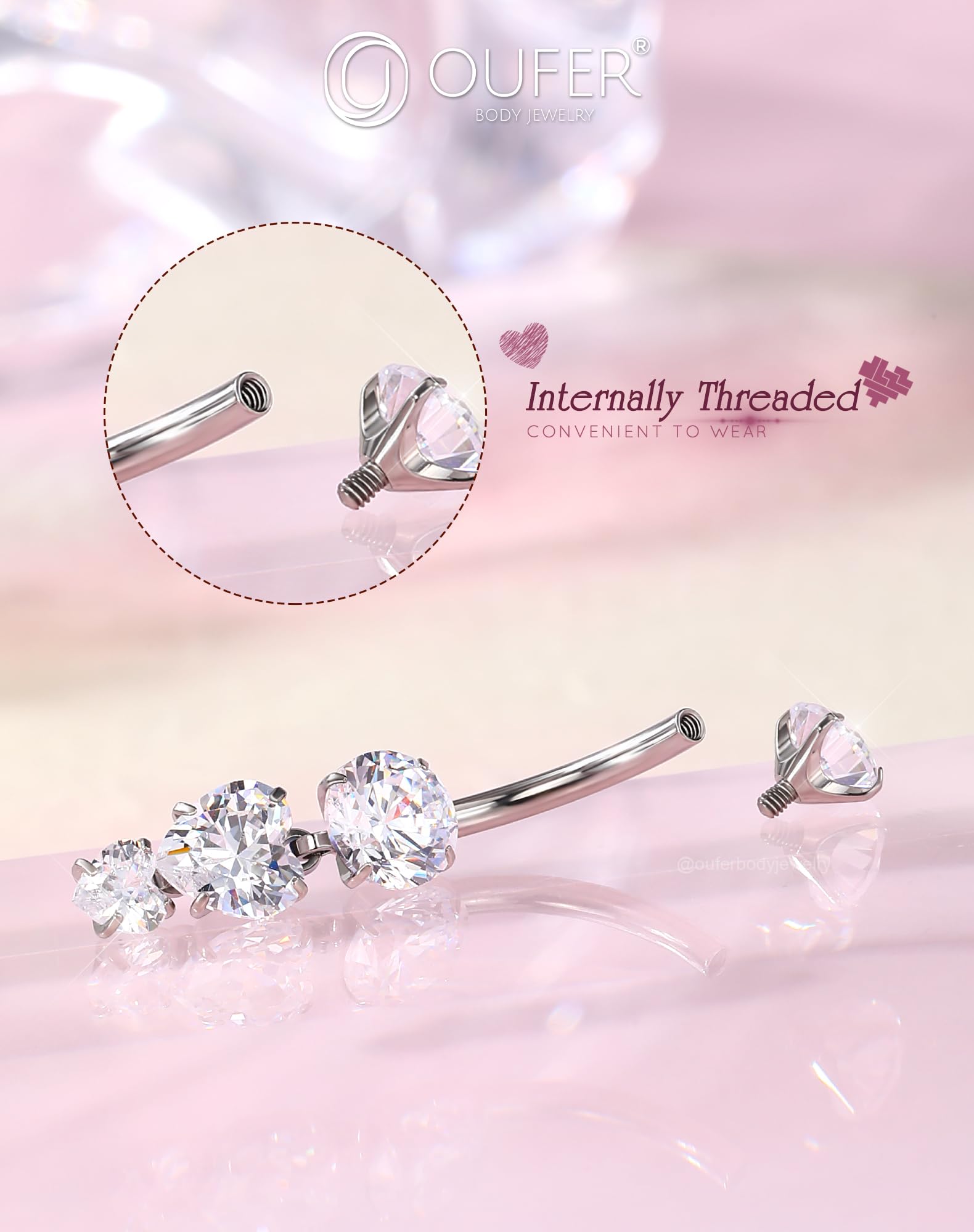 OUFER 14G Titanio G23 Piercing Ombelico Filettatura Interna Cuore Piercing Ombelico Anello Pendente 8/10/12/14/16 mm Belly Bar CZ Trasparente Piercing Ombelico Cerchio Donna