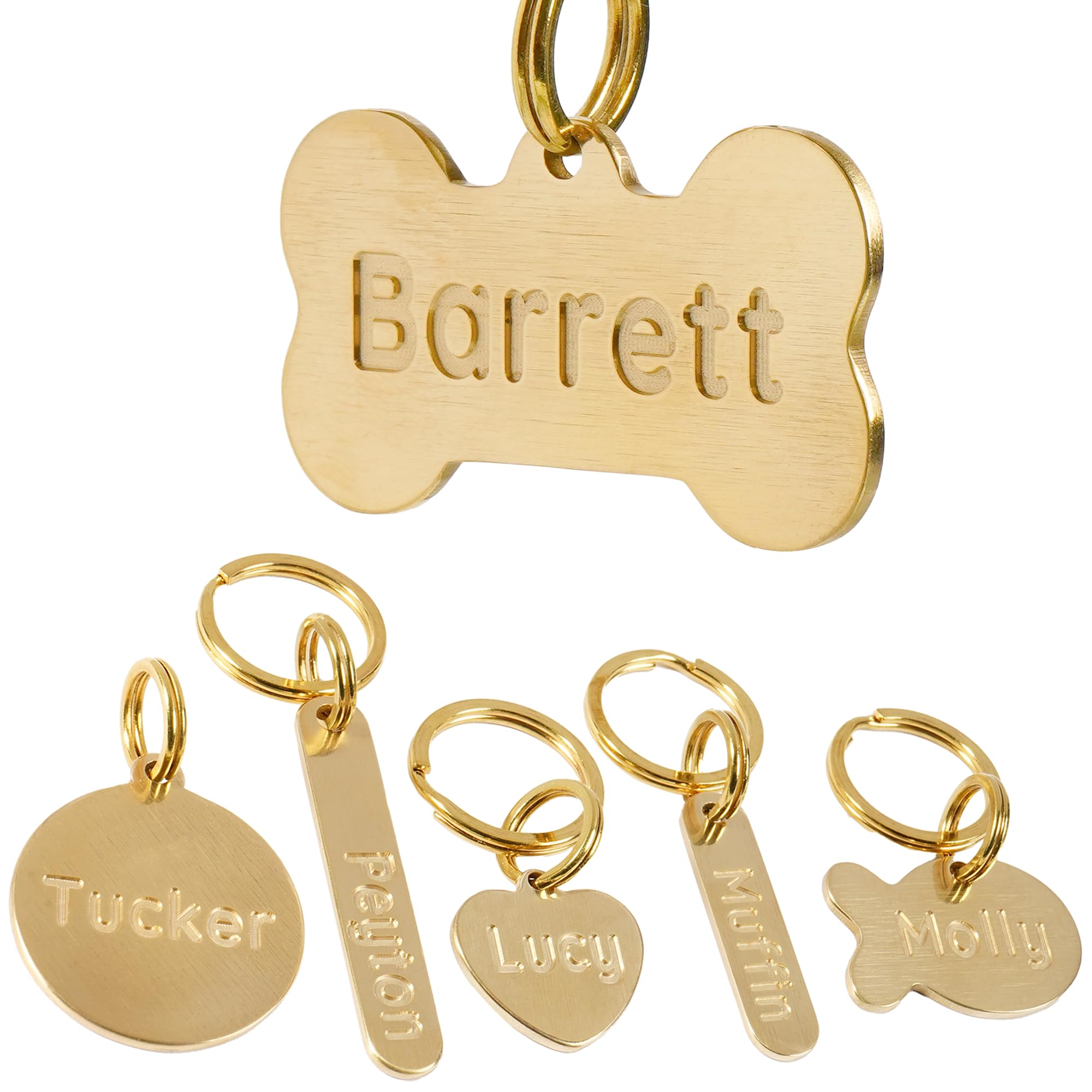 Solid Brass Personalized Dog Tags, Deep Engraved Pet ID Tag for Dogs and Cats, Heavy Duty Extra Thick Custom Name & Phone Number, Never Wear Off, Gift for Pets, 2 Polishing Pads Included (Bone)