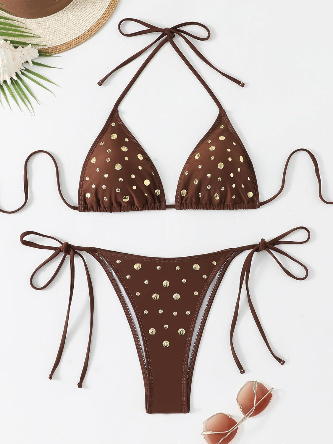 SEGT Women's Metallic Studded Bathing Suit 2 Piece Triangle Bikini Set Halter Cheeky Tie Side Swimsuit - Image 7