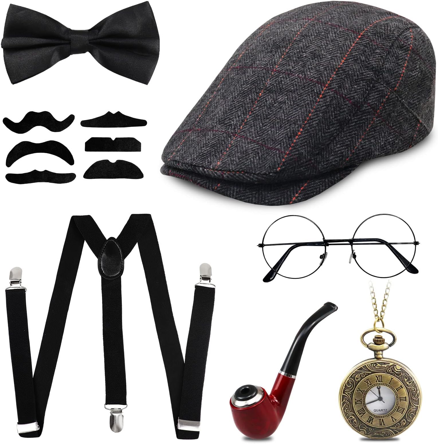 1920s Gatsby Fancy Dress Accessories Set, Costume Kit with Hat, Bow Tie, Pocket Watch, Suspender, Glasses