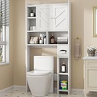 Shintenchi Over-the-Toilet Storage Cabinet with Barn Doors, Adjustable Shelves, Toilet Paper Holder & Anti-Tip - White