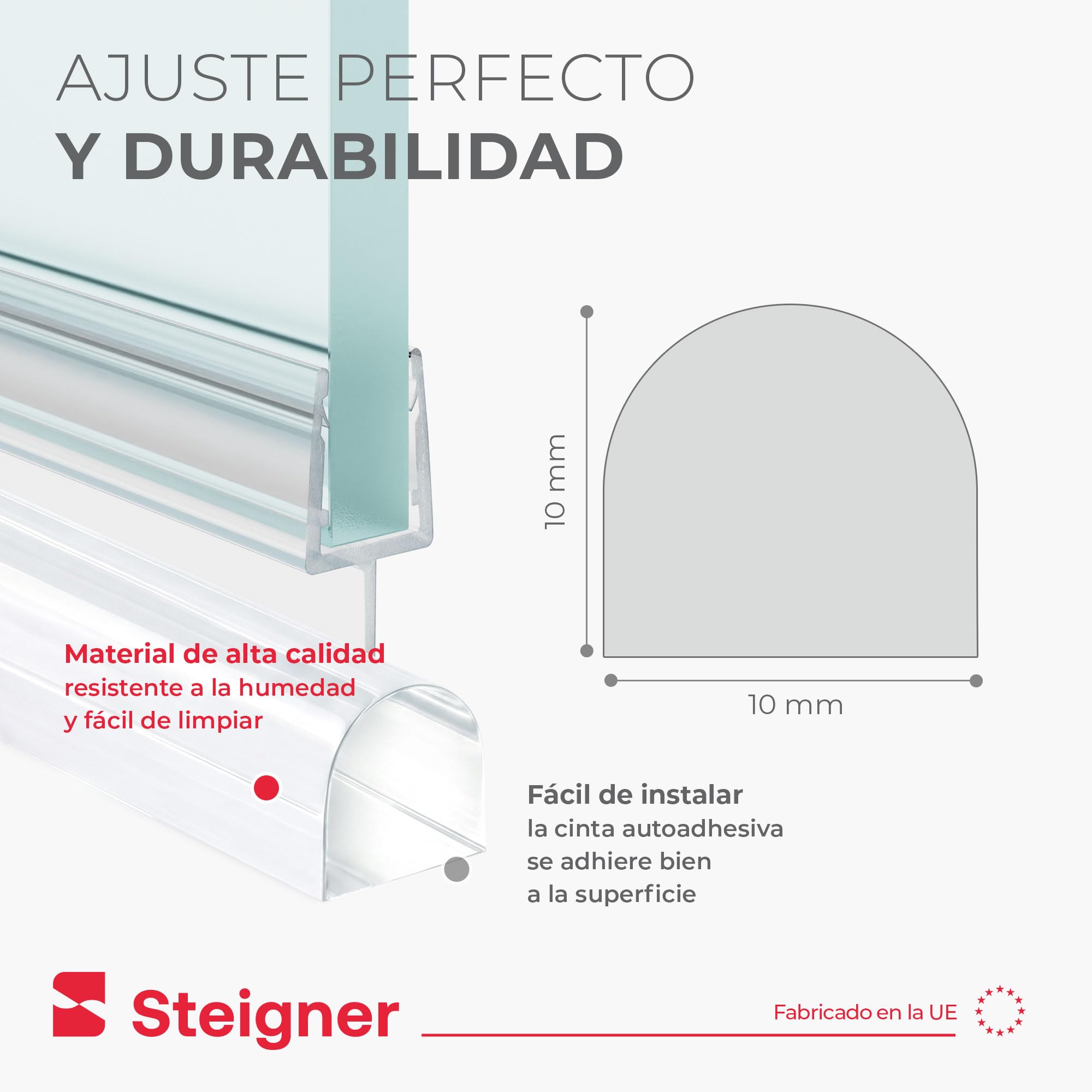 Barra semicircular acrílica autoadhesiva STEIGNER de 10 mm y 160 cm | Deflector de agua, perfil antideslizamiento, para cabinas de ducha, duchas de cristal y duchas a ras de suelo tipo walk-in
