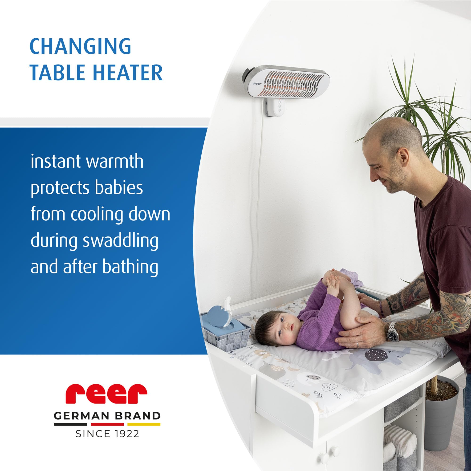 reer HeatCare+ Flex - Radiateur thermique pour table à langer - EcoHeat Carbon - Chauffage infrarouge avec base et tête inclinée - Distributeur de chaleur pour bébé - Économie d'énergie