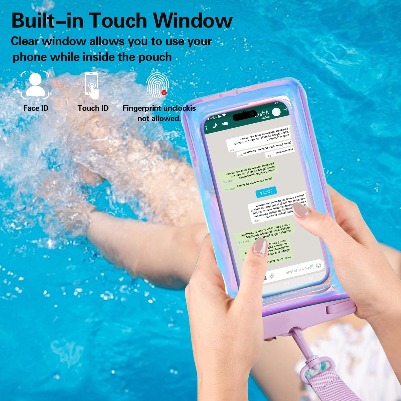 Famoby Paquete de 4 bolsas impermeables iridiscentes para teléfono, funda impermeable para teléfono celular, nivel de protección: IP68, crucero por la playa para iPhone, Samsung y más, cordón incluido