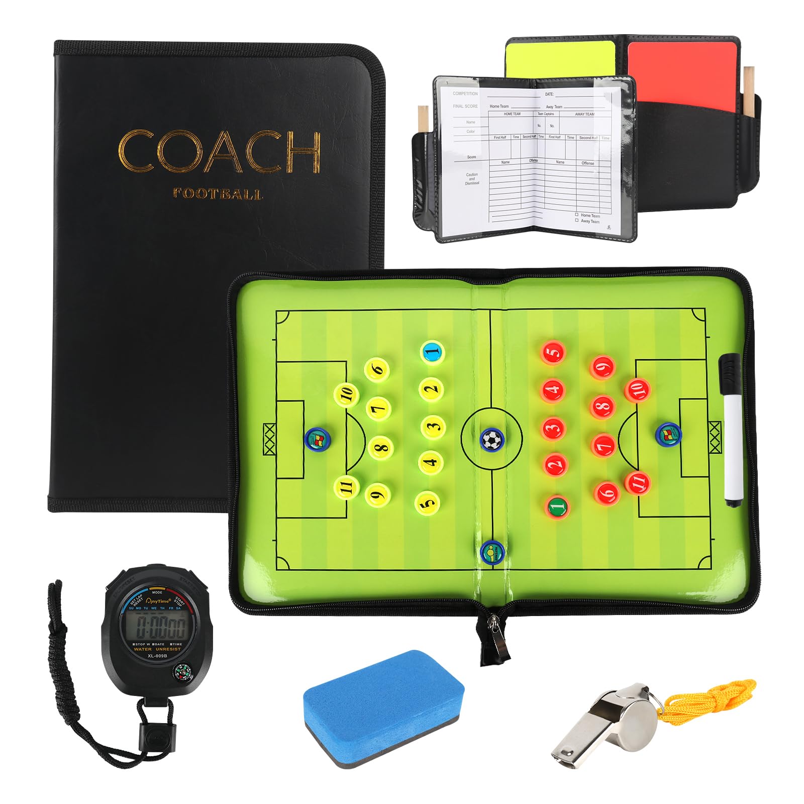 LUFEIS Pizarra Futbol Entrenador, Portátil Pizarra Futbol Entrenador, Carpeta Táctica Plegable con Imanes, Lapiceros, Silbar, Temporizador y Borrador, para Entrenadores Futbol Tablero