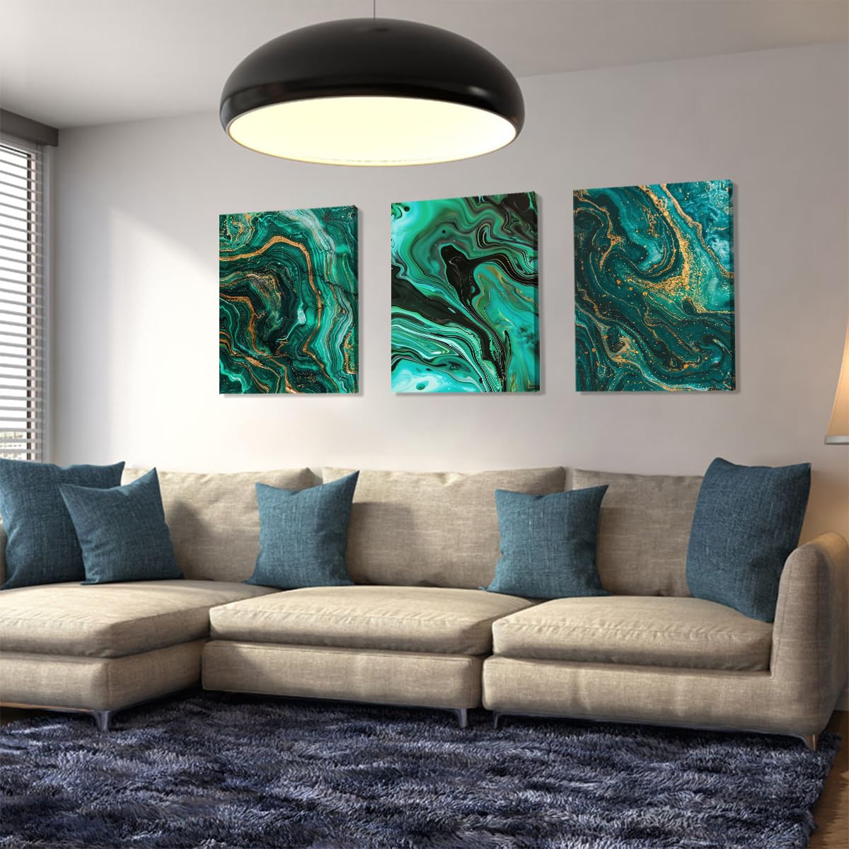 Verde esmeralda y oro arte mural abstracto decoración salón 40x60cmx3