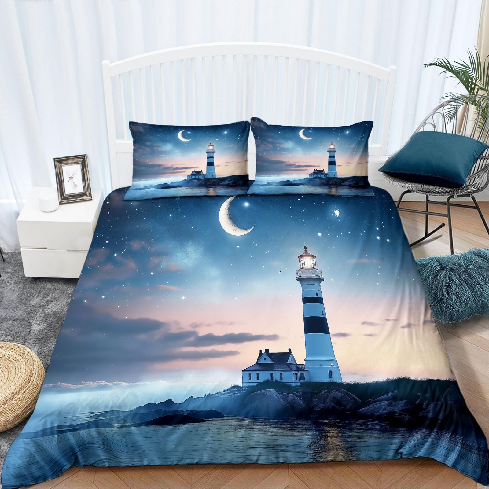 Estrellas Y Luna Funda Nordica Cama 90 de 3 Piezas Faro del océano Juego de Funda Nordica 150x200 cm y 2 x Fundas de Almohada de 50x75 para Ropa de Cama Infantil Niño Chico Niña