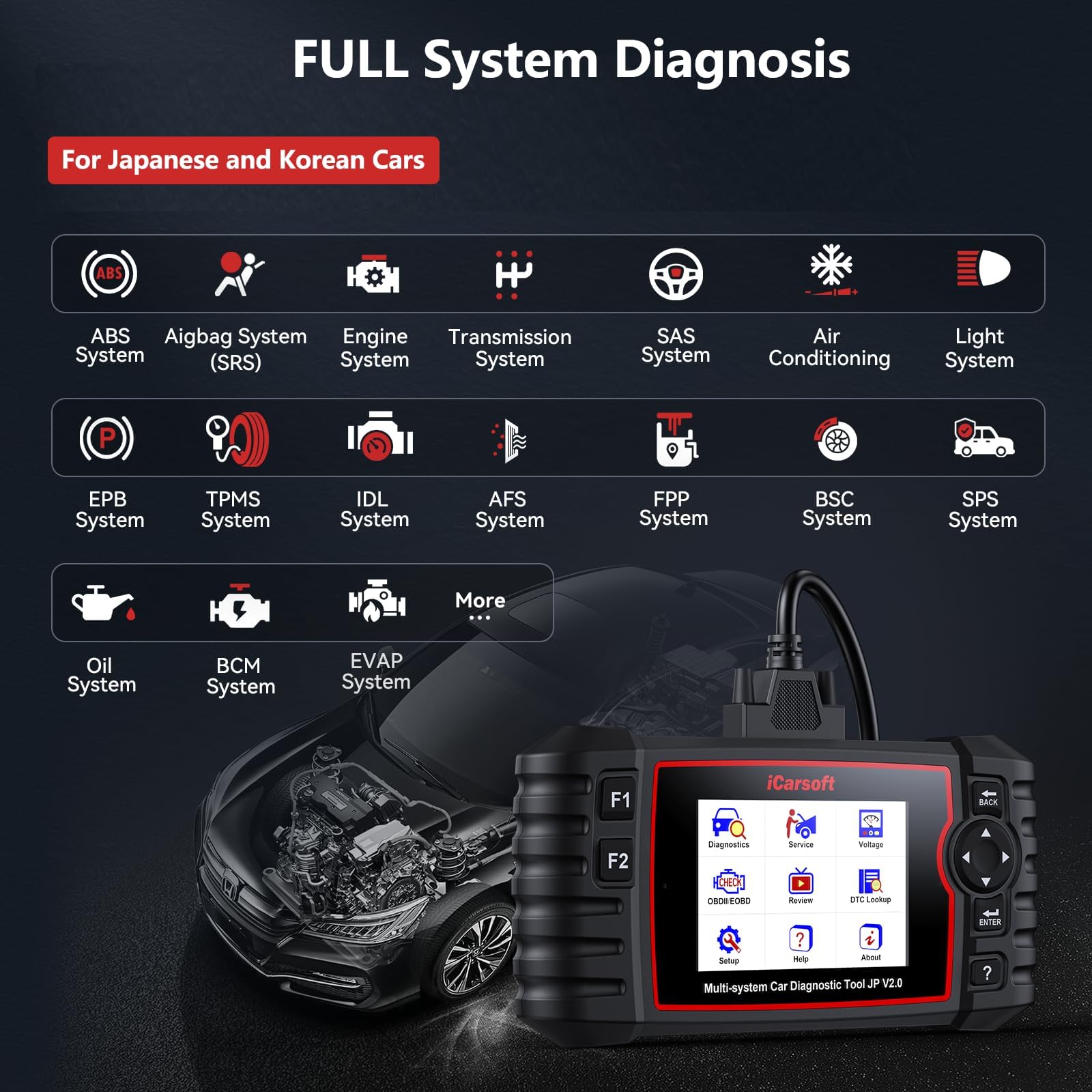 iCarsoft JP V2.0 strumento diagnostico per Daewoo/Toyota/Honda/Mitsubishi/Suzuki/Mazda/Hyundai, sistema completo OBD2 scanner con 9 funzioni di servizio, olio/EPB/BMS/ETC/SAS/BLD/INJ/TPMS/DPfilter
