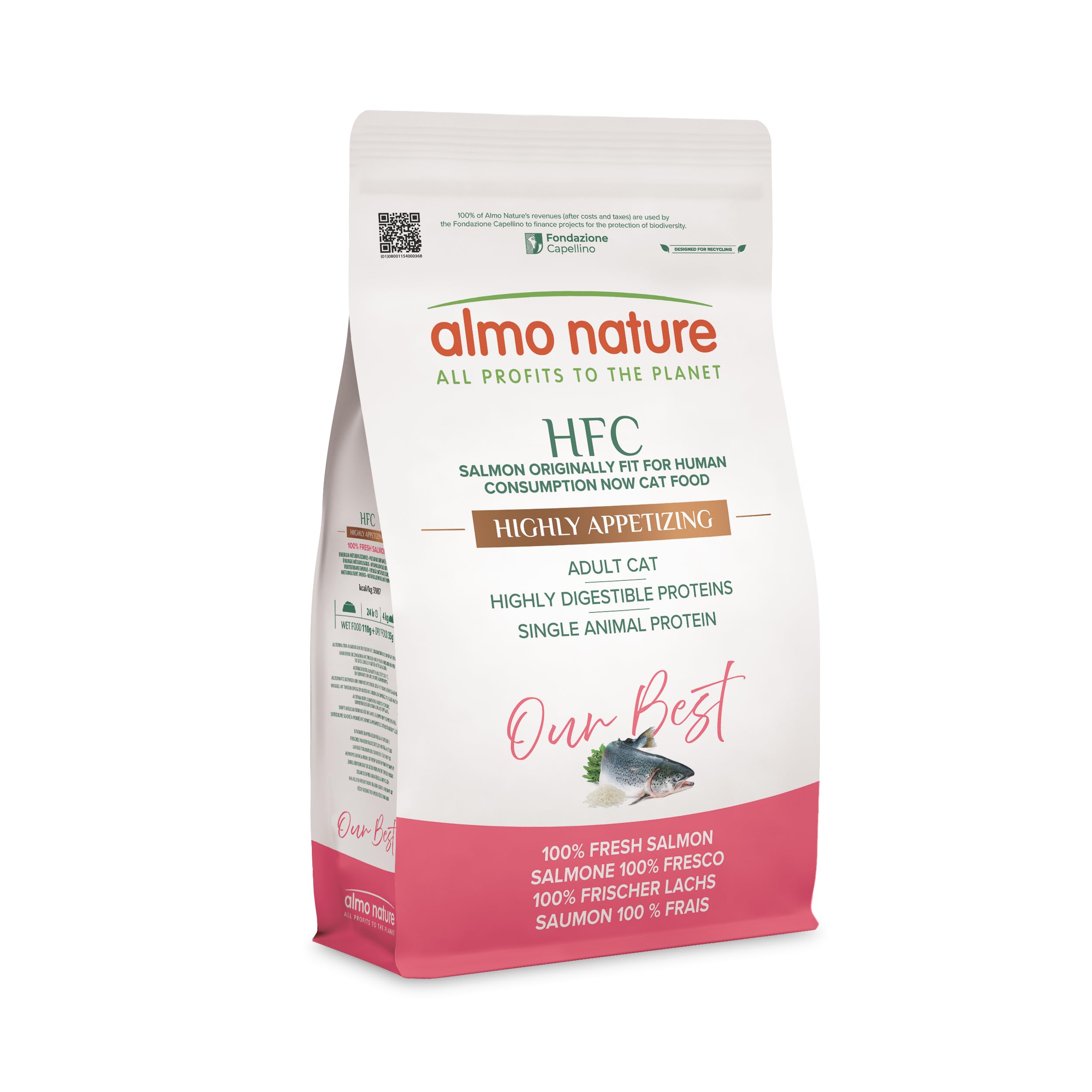 Almo Nature HFC Our Best - Highly Appetizing Dry Food for Adult Cats - Fresh Salmon, Monoprotein - Human Grade, Gluten Free, Ideal for Picky Eaters - 1.2kg