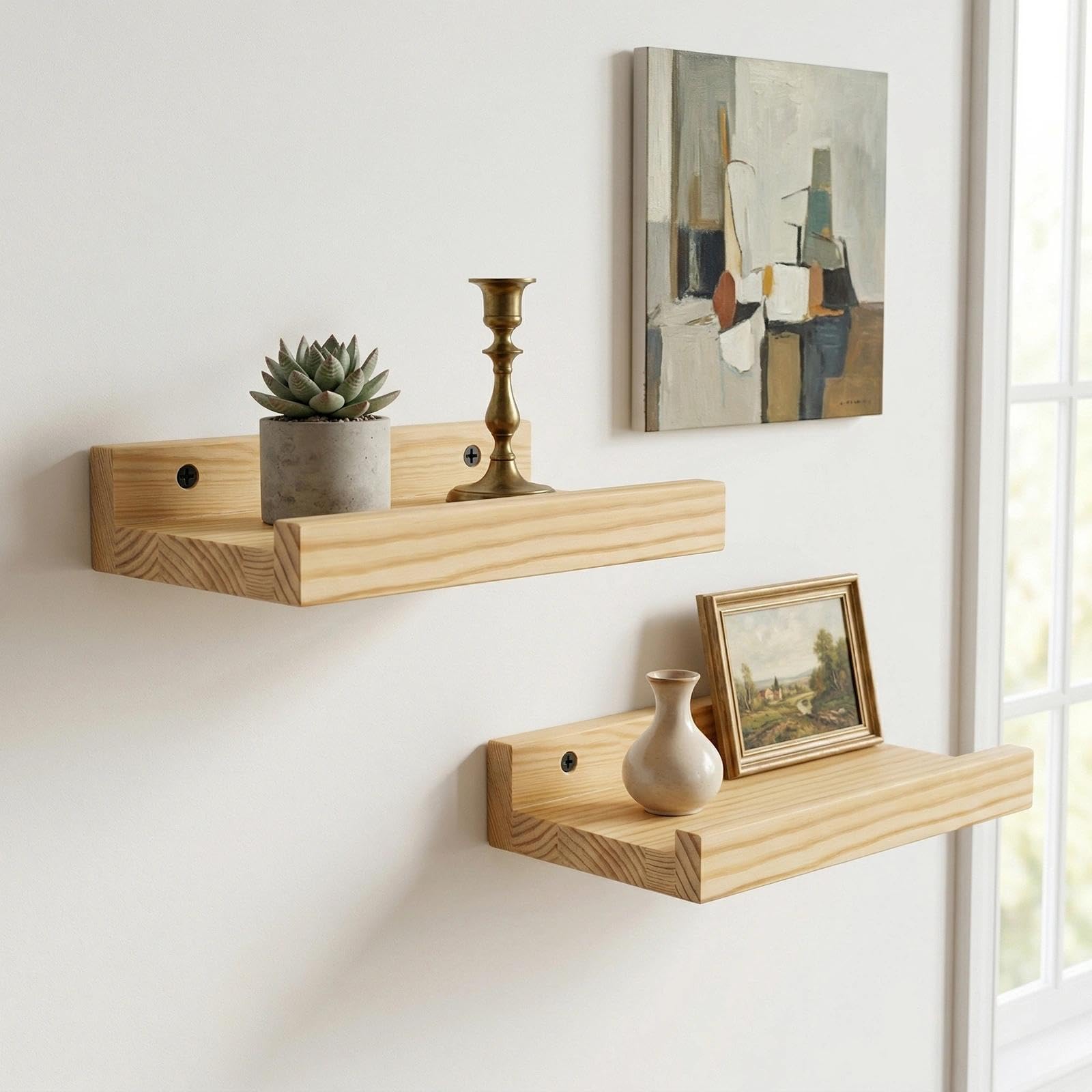 Pequeños estantes de decoración, mini estante flotante de madera natural para altavoces inteligentes WiFi coleccionables, madera, montado en la pared, 8 x 5 pulgadas, paquete de 2