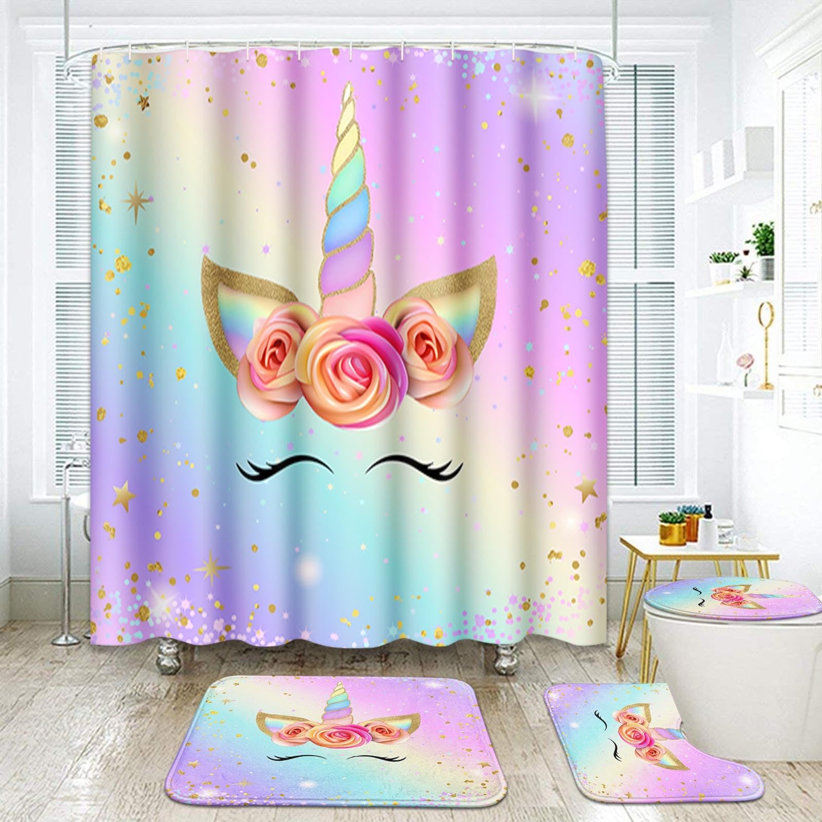 Arttown Pink Unicorn Rainbow Bathroom Set with Shower Curtain and Rugs and Accessories, Colorful Gradient Floral Shower Curtains, Modern Art Bathroom