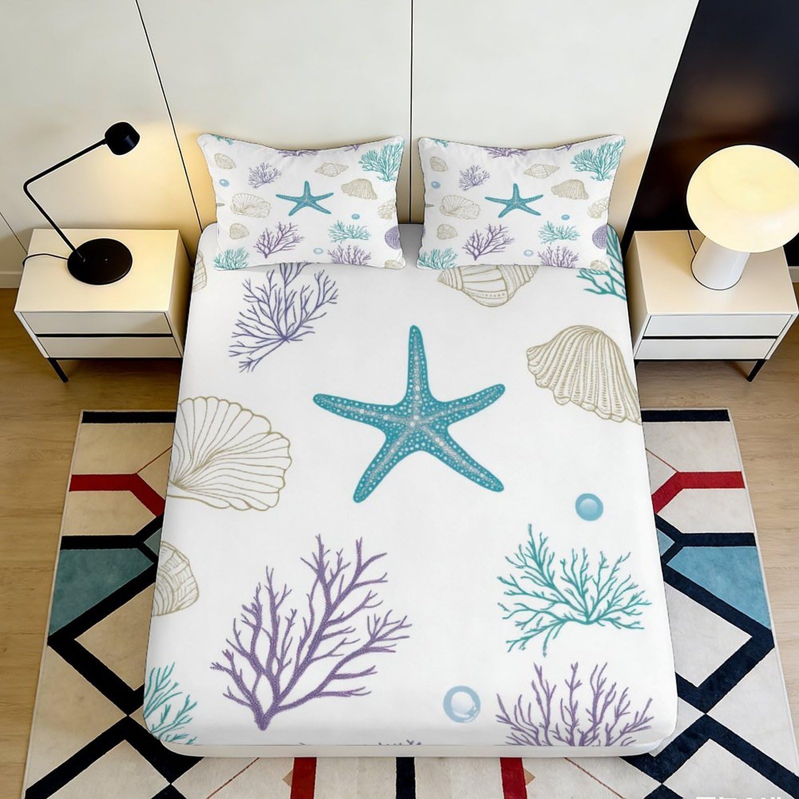 3D Printed Starfish Fitted Sheet Microfiber Soft Sea Shell Mattress Cover Anti-Slip for Bedroom Dorm Room Easy Care 90x200x25cm