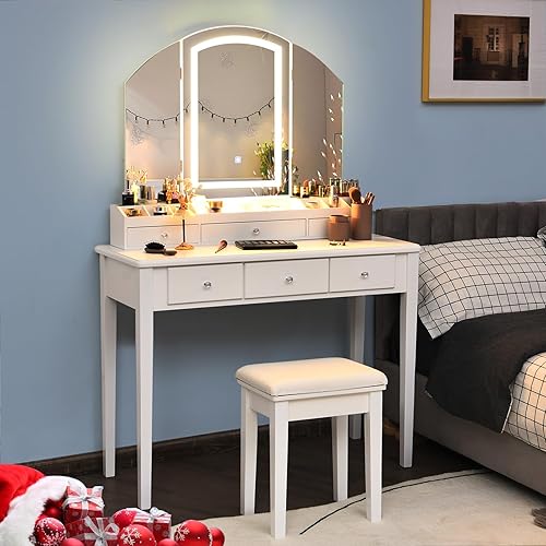 Miniatura 9 de LDAILY Juego de tocador con espejos plegables iluminados escritorio de tocador con taburete acolchado cajones y compartimentos de almacenamiento