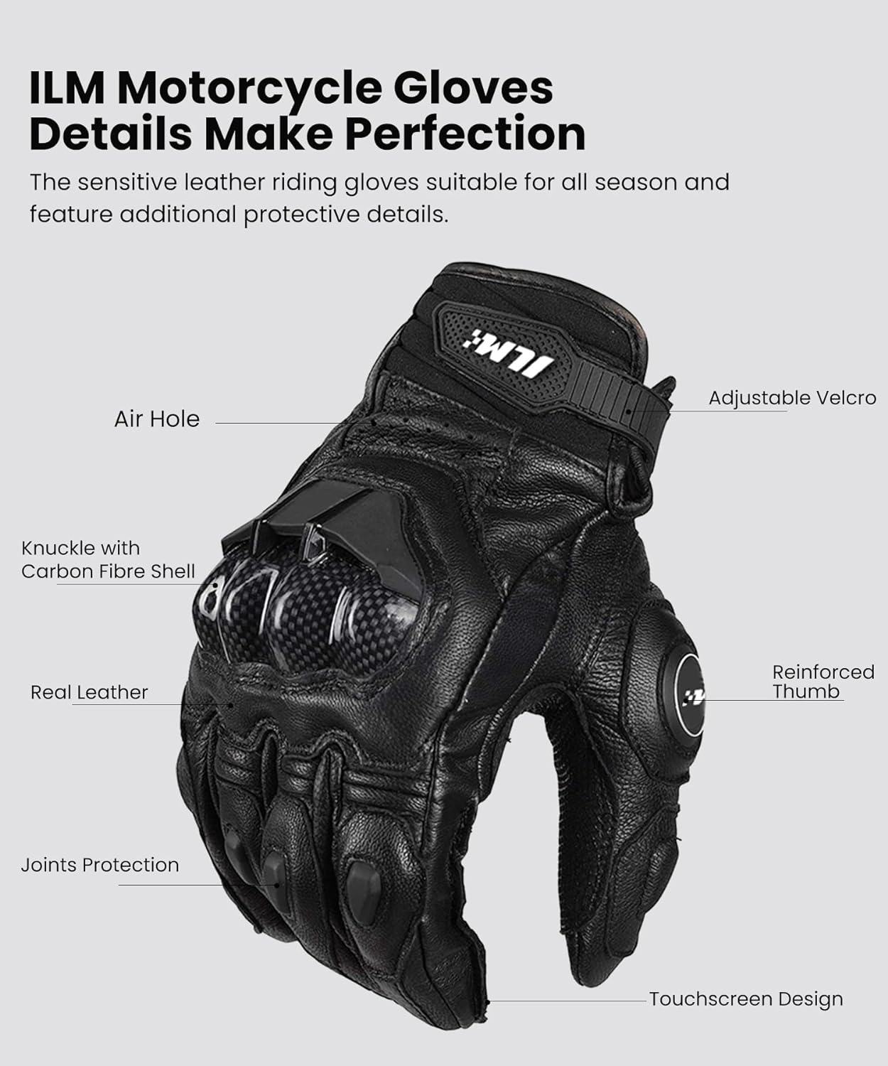 ILM Air Flow Leather Motorcycle Gloves Touchscreen for Men and Women Model-GRC01 (L, Black) - Image 5