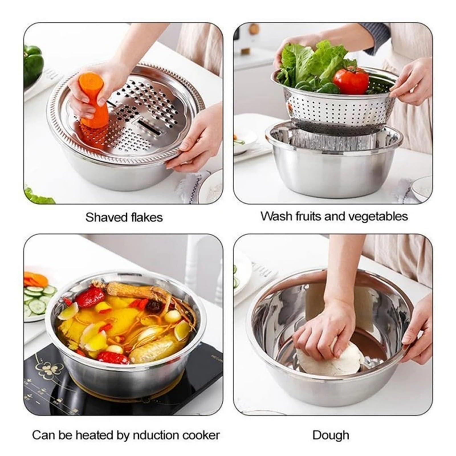 Germany Multifunktionales Edelstahl Waschbecken Set, 3 in 1 Küchensieb mit Reibe und Ablaufkorb, zum Waschen von Gemüse und Obst