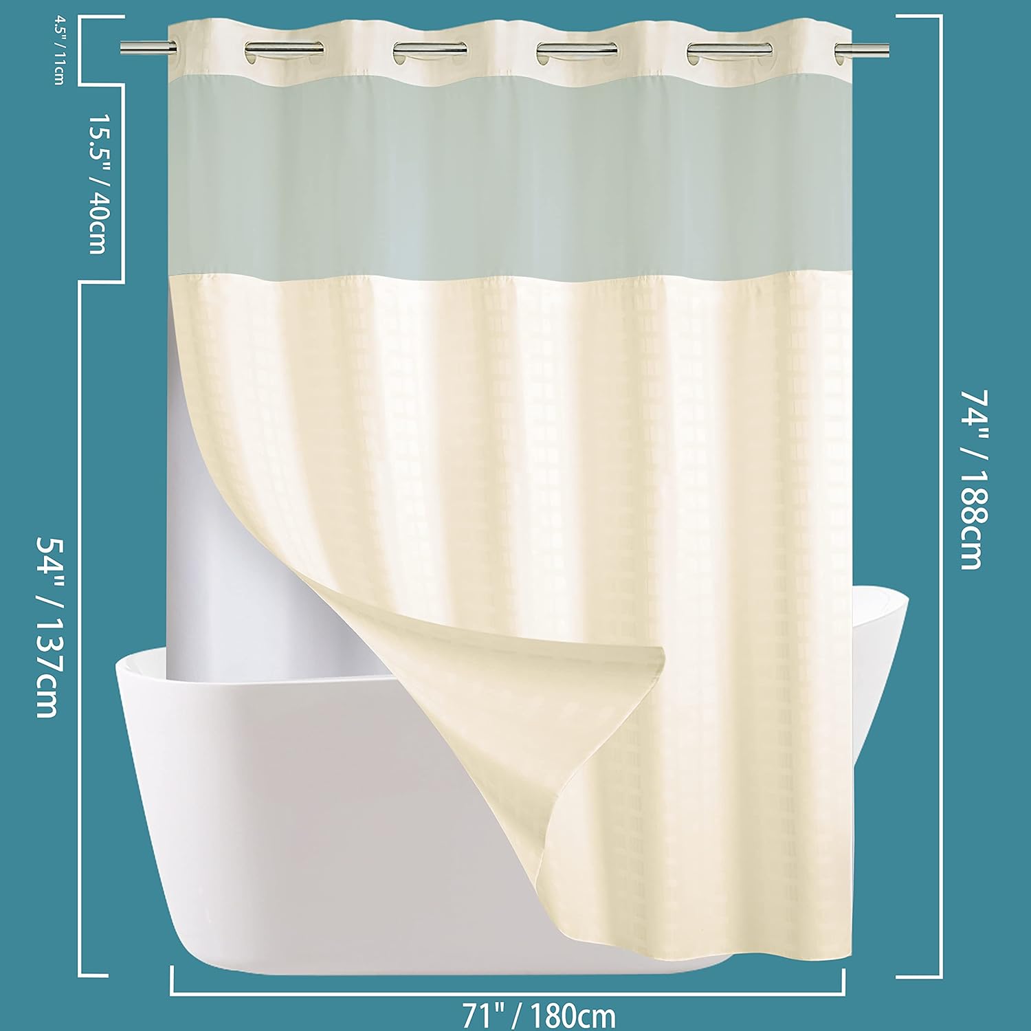 Conbo Mio No Hook Shower Curtain with Snap in Liner Set, Hotel Luxury Beige Shower Curtains for Bathroom with See Through Top Window, Waterproof, Washable 71W x 74H