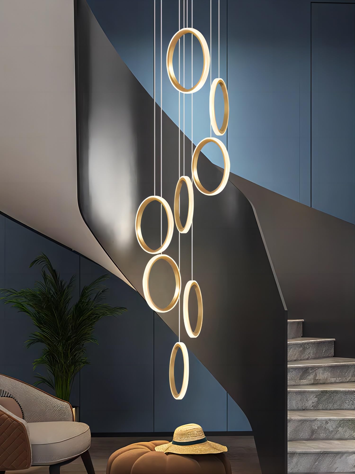 RuiRfh Chandelier modern LED villa staircase large Pendant Light golden dimmable high ceiling Hanging Lamp with remote control suitable for foyer hotel living room aluminum 15 ring lighting (Color :