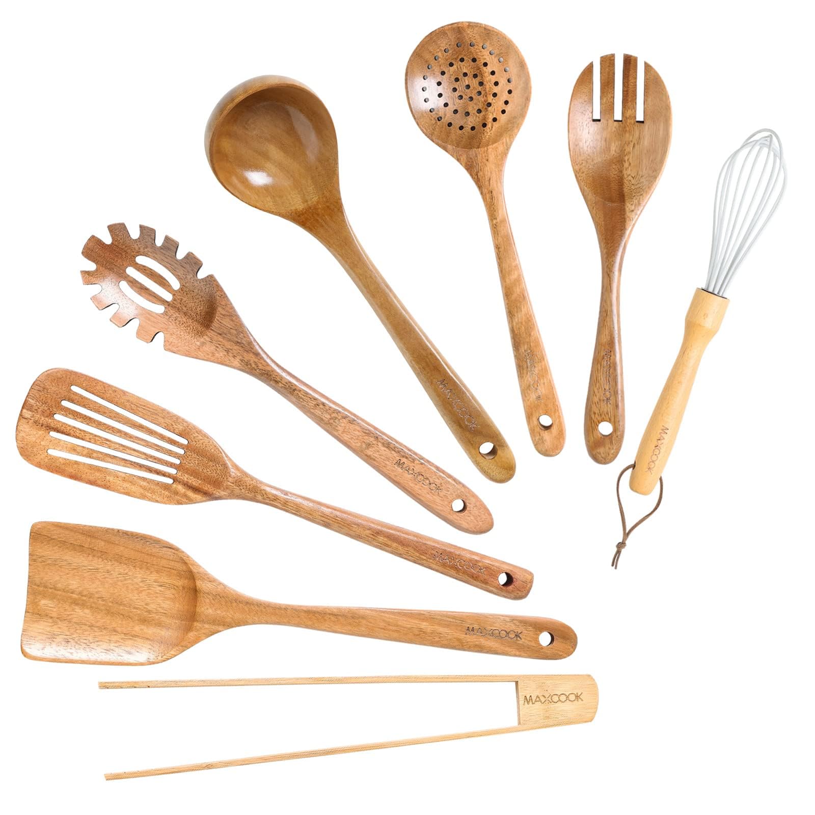 Holzlöffel zum Kochen, 8-teiliges Teakholz-Küchenutensilien-Set, natürliches Akazienholz, antihaftbeschichtet, Pfannenwender, Kochlöffel, leicht, praktisch, einfach zu waschen, Kochutensilien