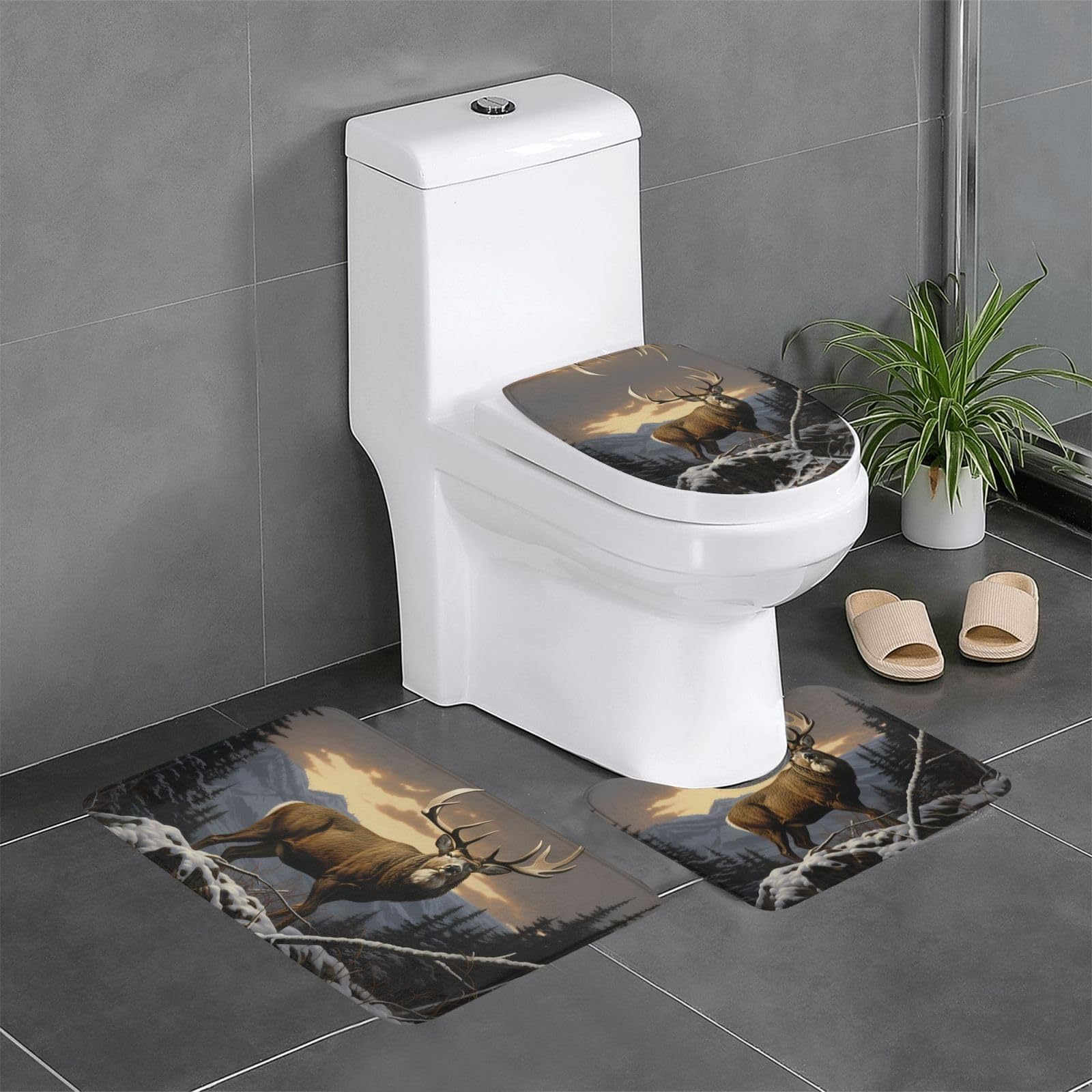 Tapis de salle de bain antidérapants 61x40cm tapis WC en U et O motif cerf enneigé