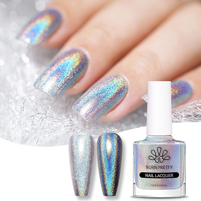 BORN PRETTY Holographic Nail Polish 10ml Holographic Silver Mirror Effect Nail Lacquer Holo Glitter Super Shine Nail Art Polish-Magic Rainbow