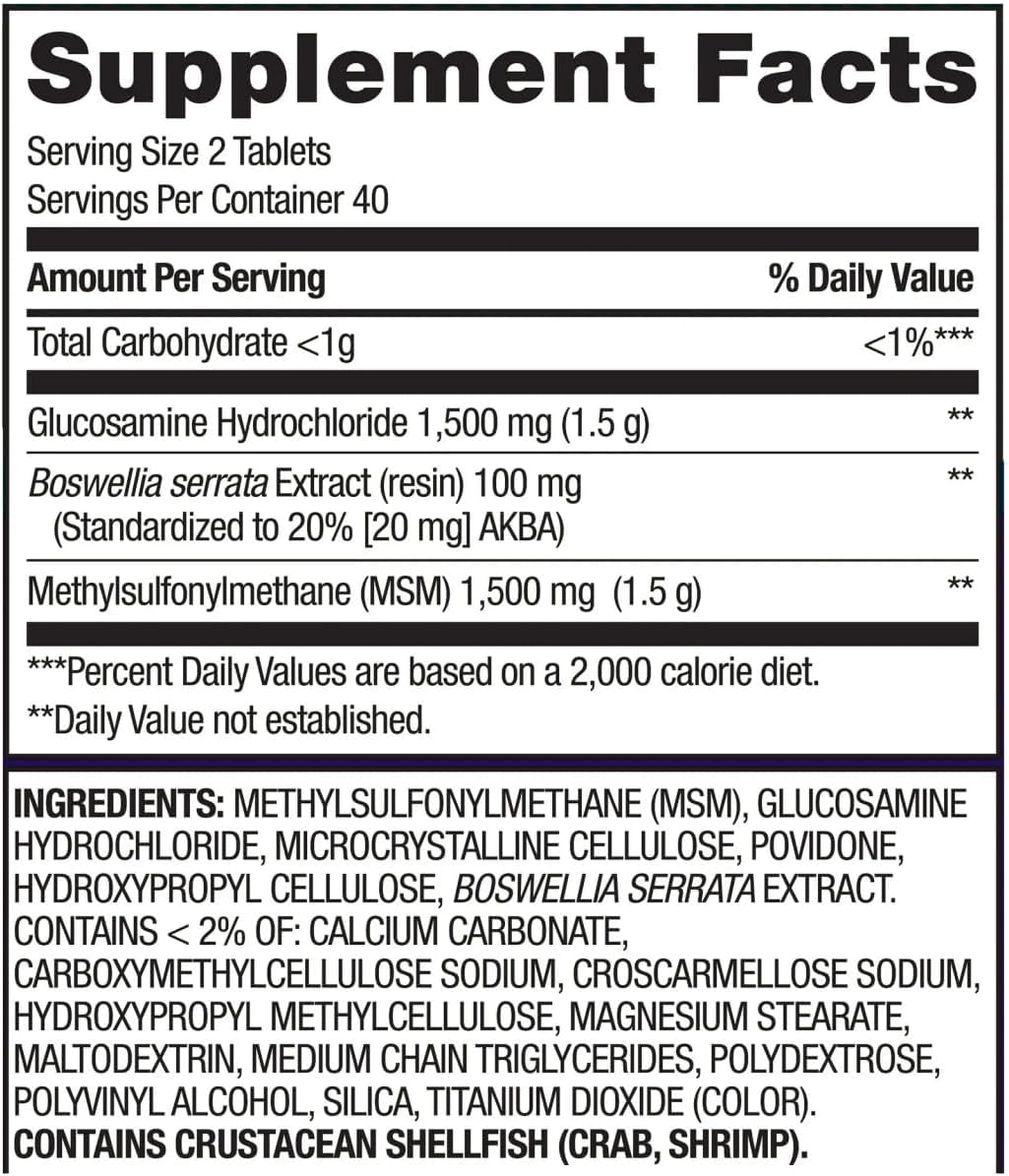 Equate Triple Strength Glucosamine HCI 1500mg + MSM 1500mg + Boswellia Extract Tablets, 80 Count Sticker