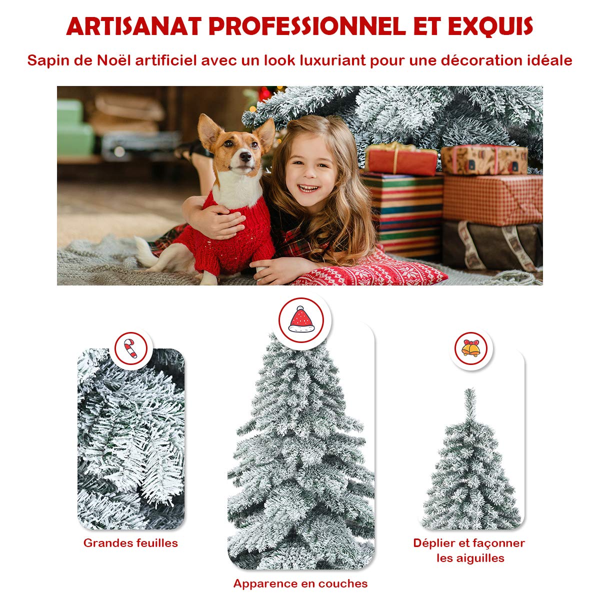 GOPLUS 180CM Sapin de Noël Artificiel Enneigé, avec 657 Branches en PVC Ignifuge, Feuilles Epaissies Inodore, Base en Fer, Arbre de Noël Floqué pour Décoration de Noël
