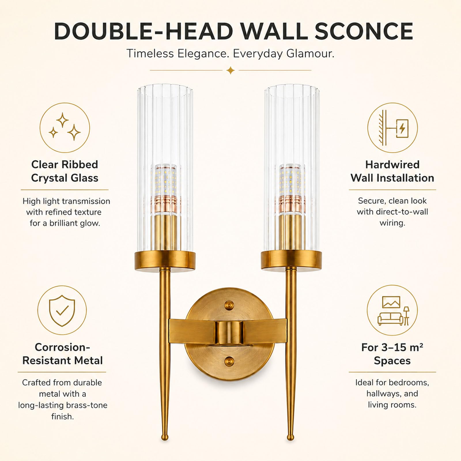 Aplique de Pared de Cristal y Base Dorada E14, Accesorios de Lámpara de Pared Modernos (2 Luces) | Lámpara de pared con cable de 43 cm con cristal transparente para dormitorio, pasillo, sala de estar, escalera y entrada