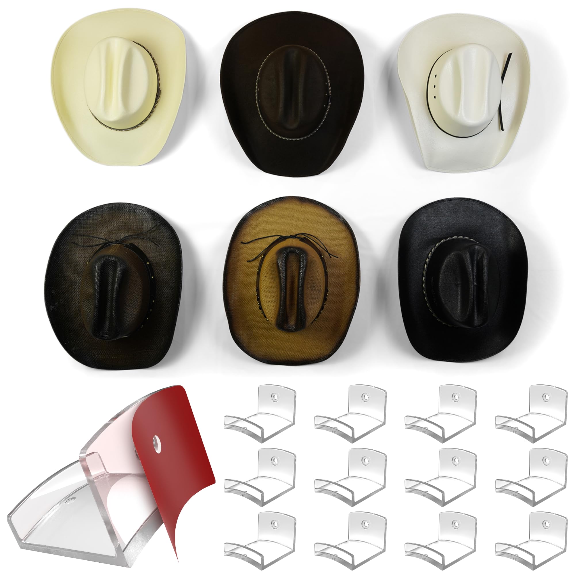 Modern JP Adhesive Hat Hooks for Wall (12-Pack) - Cowboy Hat Rack, Wide Brim Hat Organizer, Strong Hold Hat Hangers for Wall - Clear
