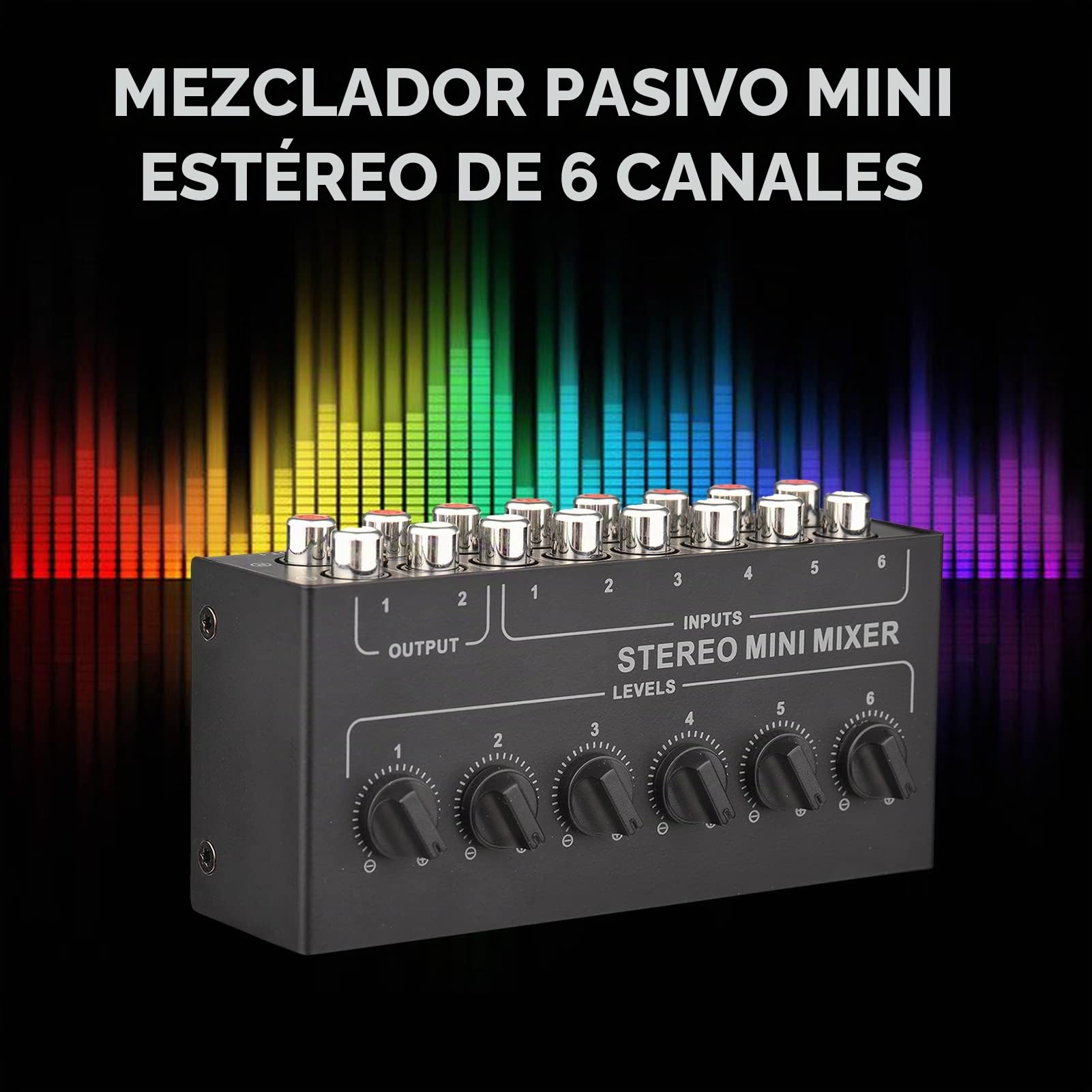 Mezclador Audio Pasivo Estéreo de 6 Canales RCA,Mini Mezclador de Audio Estéreo Interfaz de Audio, distribuidor estéreo de 6 entradas y 2 salidas, Controles de Volumen Separados para DJ/Karaoke