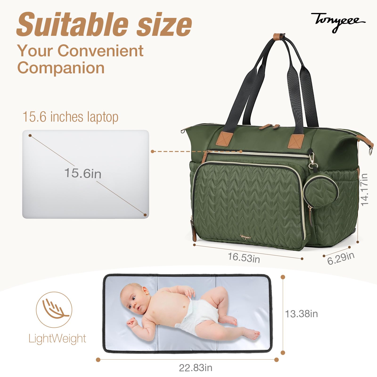 Tonyeee Baby Changing Bag Tote, Large Nappy Diaper Tote Bag for Mum Dad Travel Baby Bag with Changing Mat, Pacifier Case - Image 4