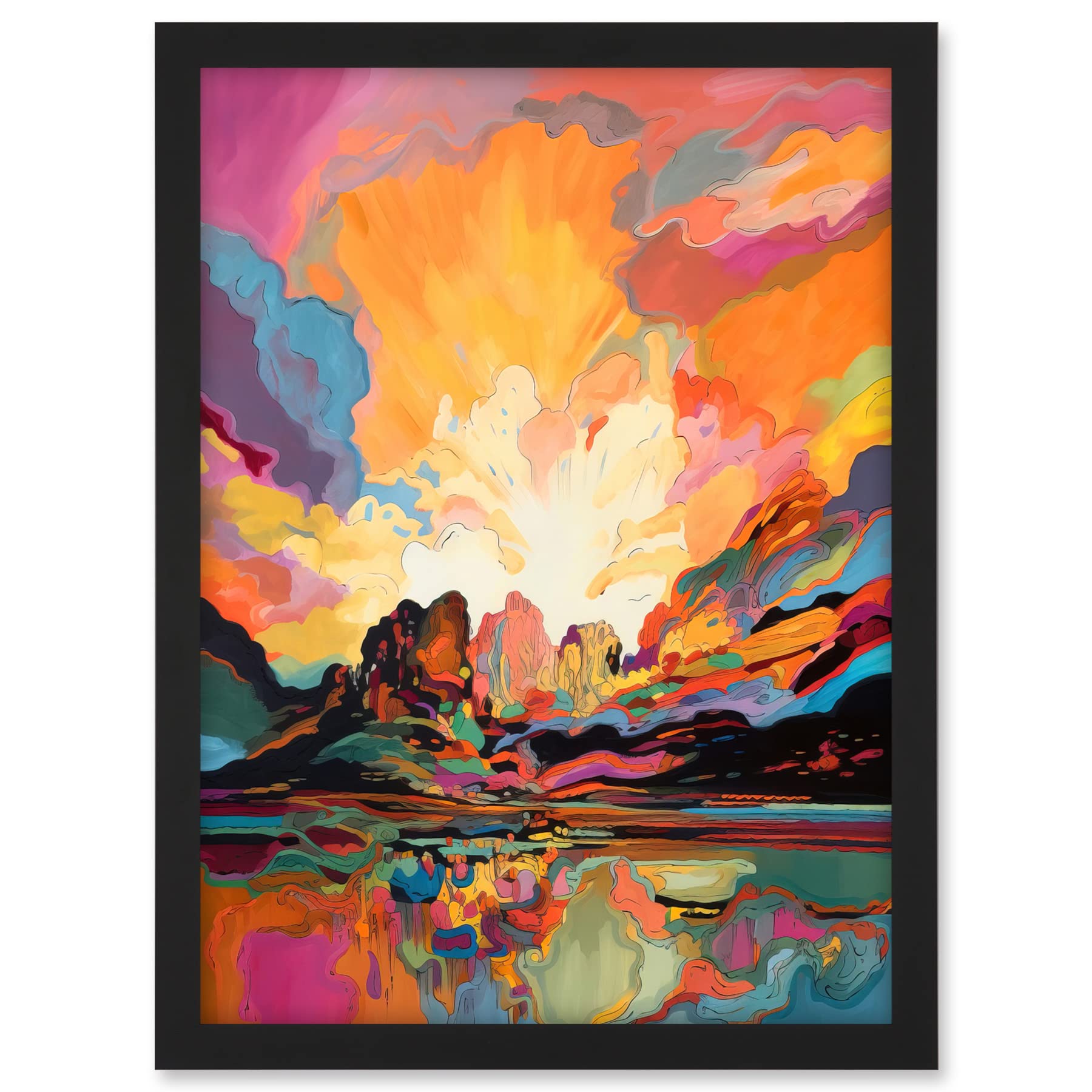 Artery8 Atmospheric Sunset Clouds Vibrant Colour Lakescape Modern Watercolour Painting Artwork Framed A3 Wall Art Print