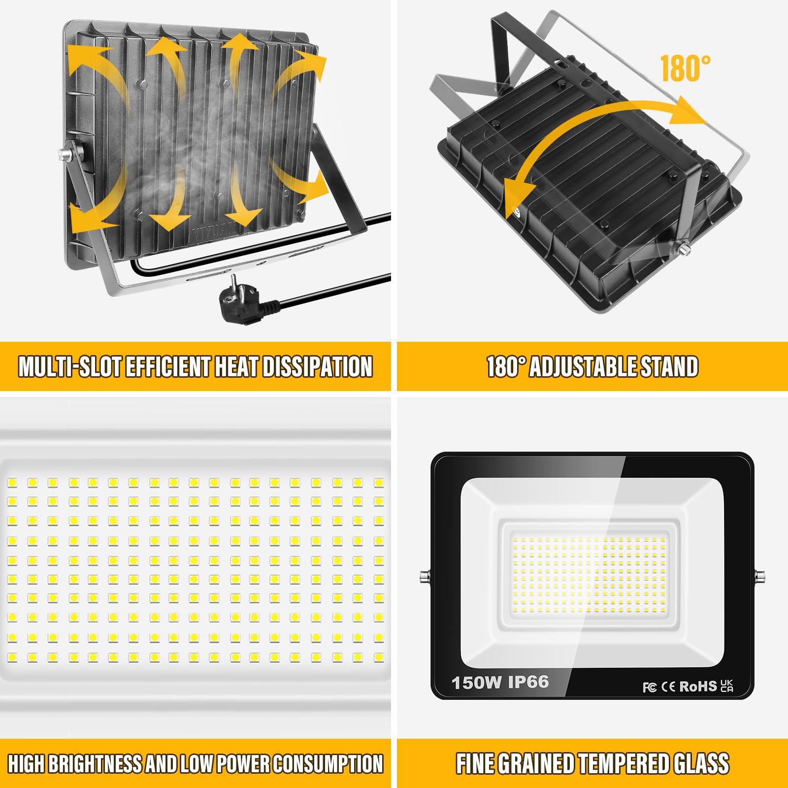 SKYWORLD 150W LED Außenstrahler 1x IP66 Wasserdicht | 6000K Kaltweiß | Superhell mit Stecker | Für Garten, Hof, Garageneinfahrt & Außenbereich