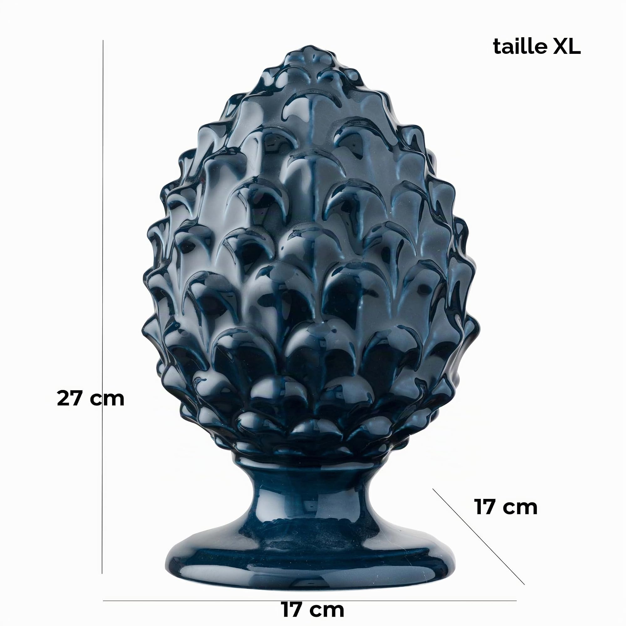 Baroni Home Pigna Sicilienne en Porcelaine Peint à la Main, Pigna Accessoire Décoratif de Salon, Pomme de Pin Traditionnelle, Porte-Bonheur et Surmeuble, Bleu Foncé, 17x17x27 cm (XL)