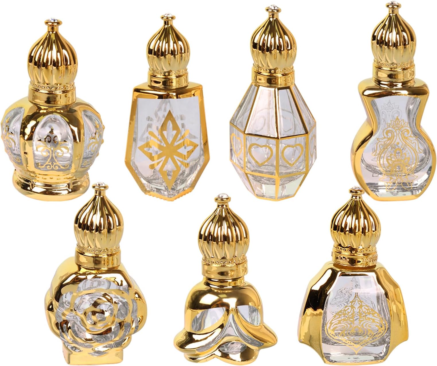 Joyeee 7 Pack Essential Oil Bottles, Assorted Sizes (12ml x4, 10ml x2, 6ml x1) Refillable Sample Vials Roll On Travel Container Electroplated Gold UV Glass Empty Roller Bottles for Fancy Perfumes