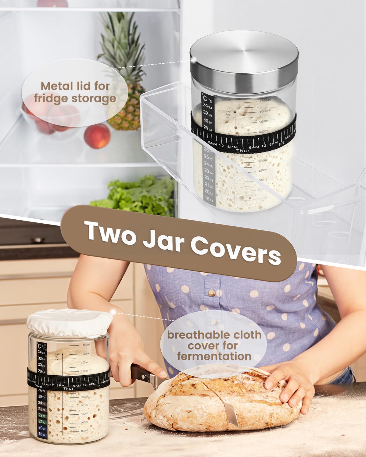 PITCH + PULSE Starter Kit per Pasta Madre, 1200ml Vetro Fermentato con Termometro, Nastro Alimentazione Data, Spatola, Contenitore per la Cottura del Pane a Lievito Naturale