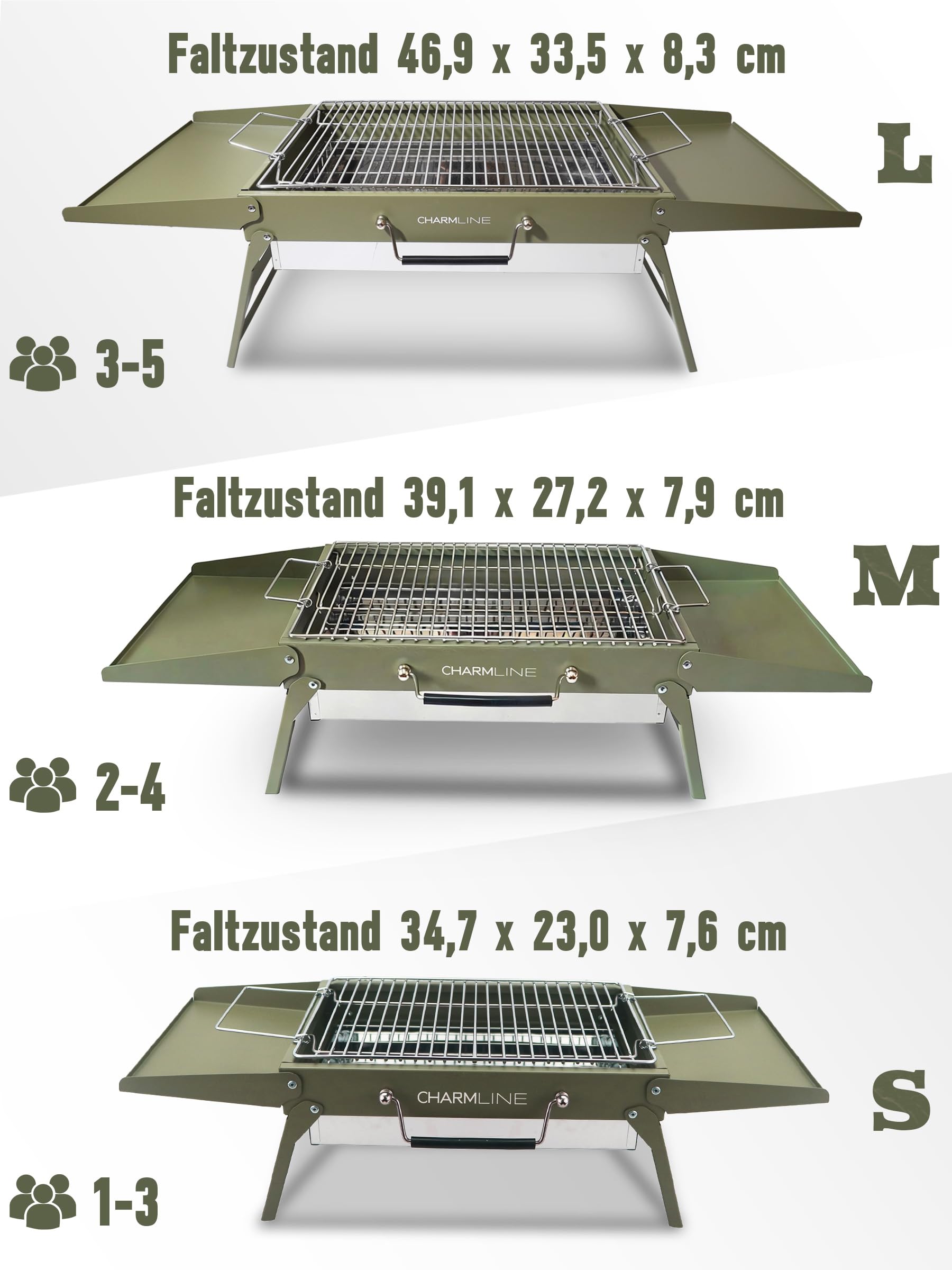 Charmline Tragbarer Holzkohlegrill, Klappbarer Campinggrill 35 x 23 cm für 1–3 Personen, Mini BBQ Grill für Balkon, Garten, Camping, Picknick und Strand, Grün