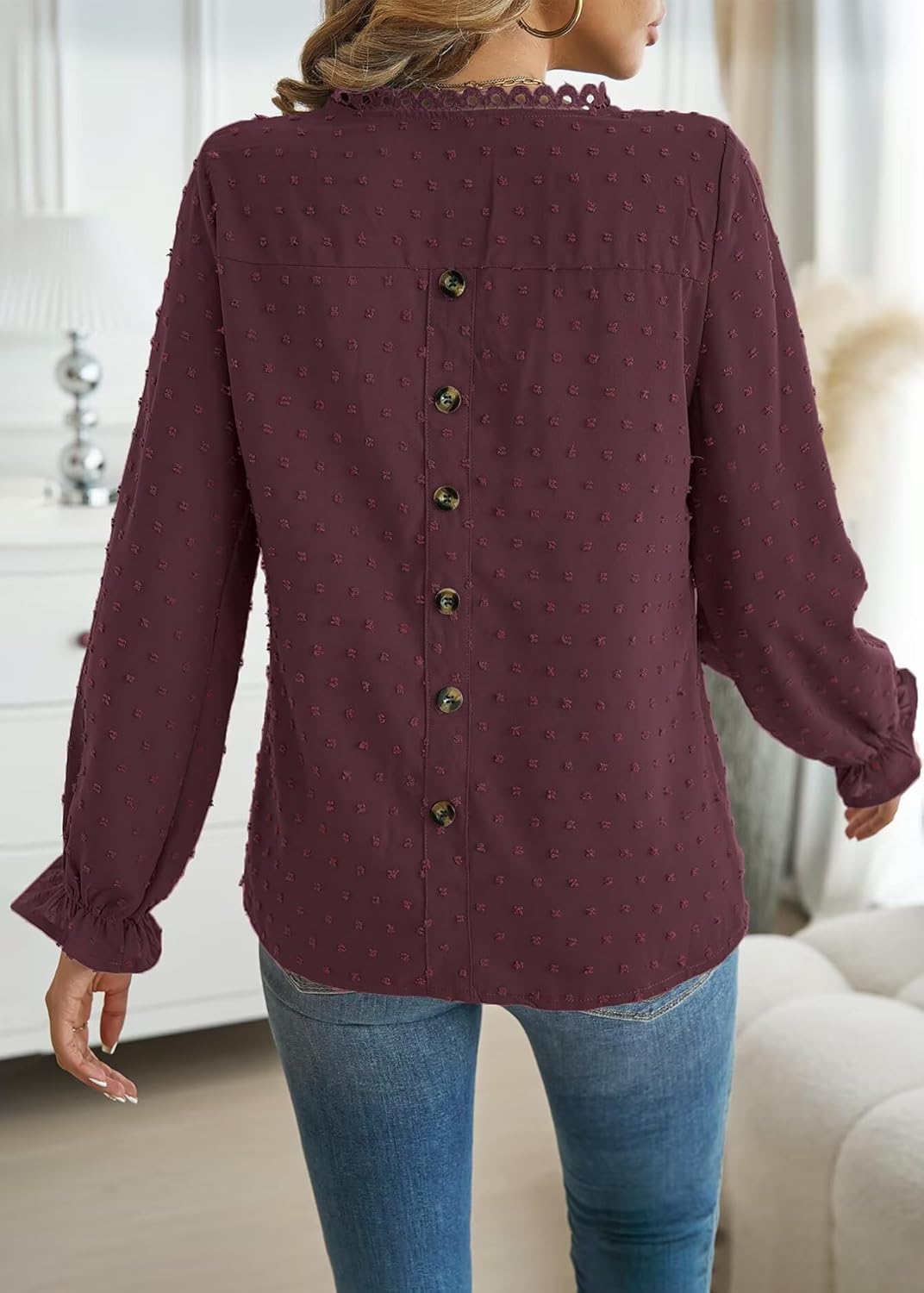 Womens Boho Tops Long Sleeve Shirts For Women Cute Crewneck Blouse Dressy Casual Swiss Dot Crochet Hollow Top 2026 - Image 3