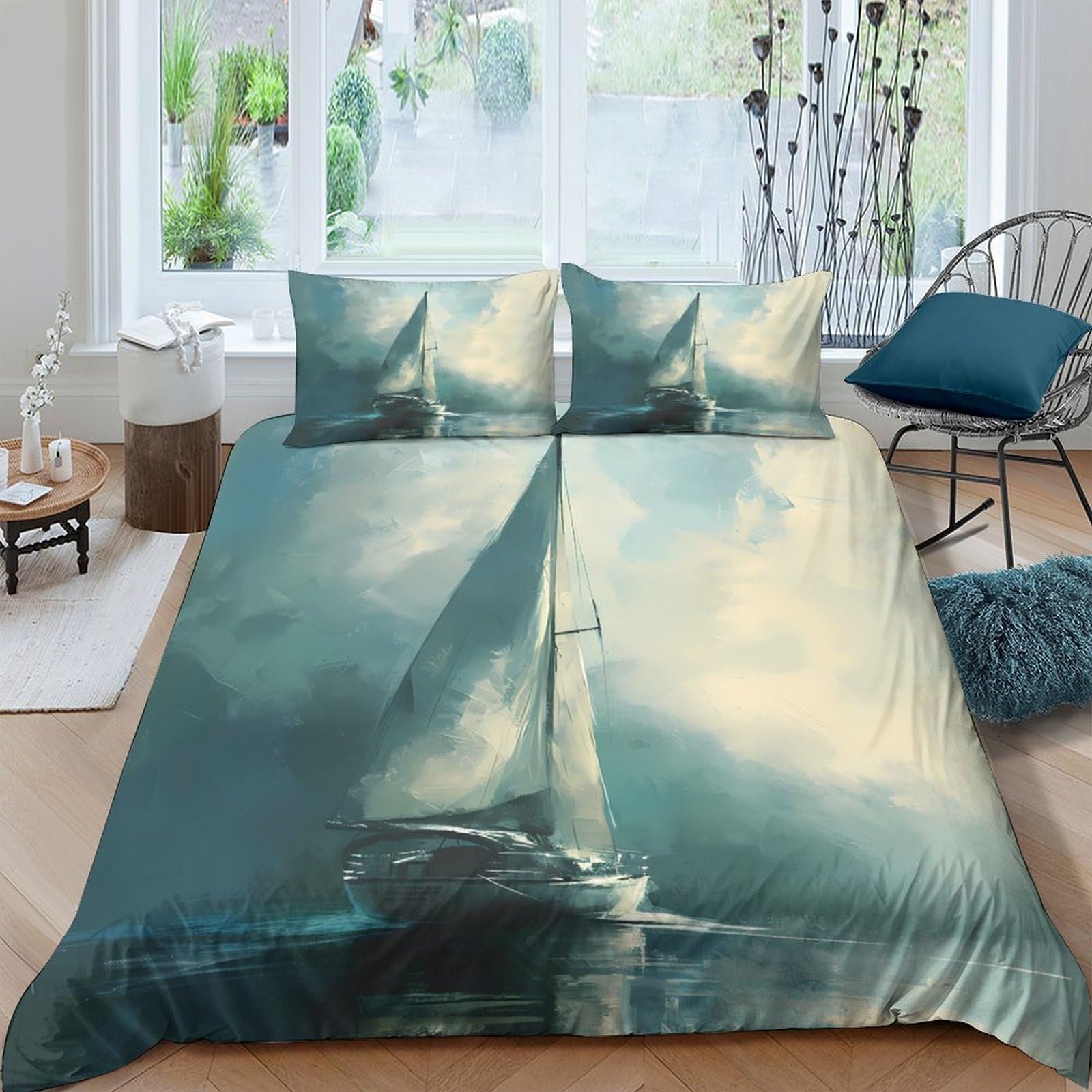 XFKLYNVCJ 3D Printed sailboat ocean scene Bed Cover Breathable Fabric marine painting Bedding Cover Wrinkle Resistant Machine Washable for Housewarming Gift New Home Use King（220x240cm）