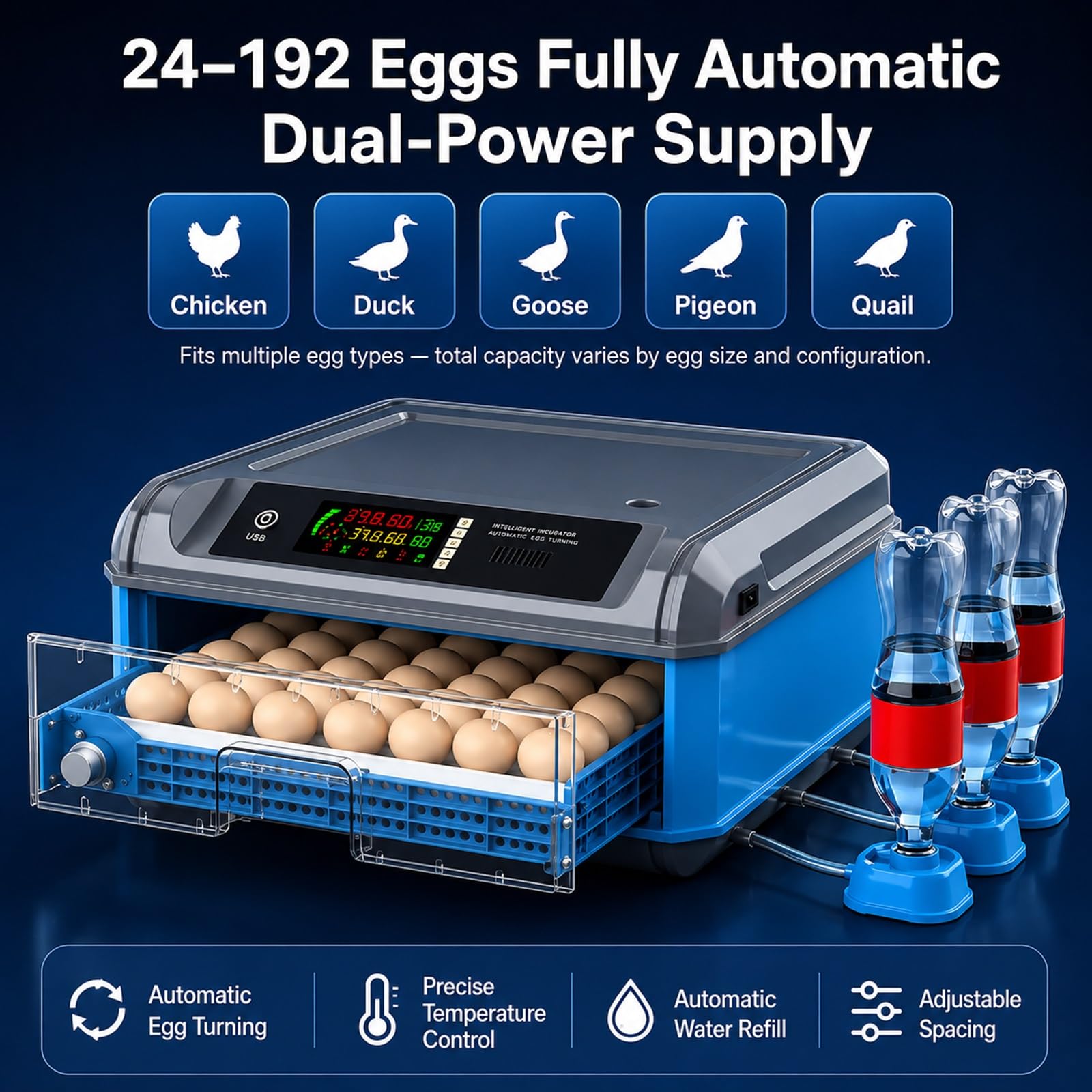 Incubadoras Para Huevos Fértiles, Incubadora De Huevos De Aves De Corral 24-192 Con Volteo Automático Y Adición De Agua, Control Preciso De Temperatura Y Humedad, Bandejas Ajustables(128eggs)