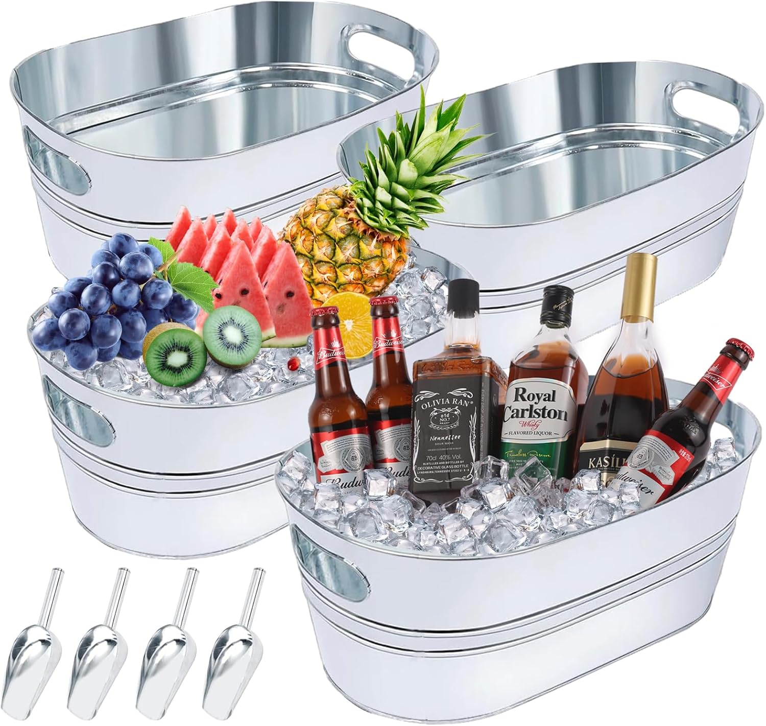 4Pcs 4 Gallon Galvanized Ice Bucket Large Galvanized Tub with Scoops Ice Bucket for Parties Mimosa Bar Supplies with Carry Handles Metal Beverage Tub for Champagne Cocktails Beer Drink Wine