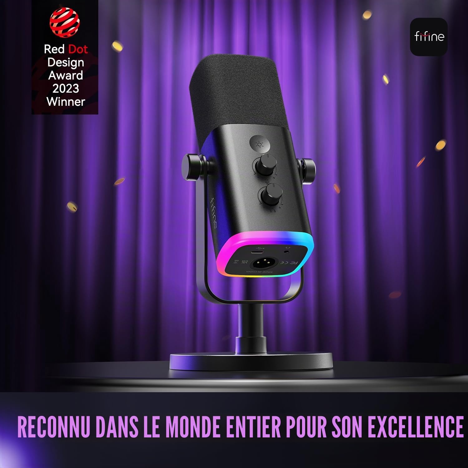 FIFINE Microphone dynamique USB/XLR pour enregistrement de podcast, microphone de jeu sur ordinateur PC avec lumière RVB, bouton muet, prise casque, support de bureau, micro vocal pour chanter