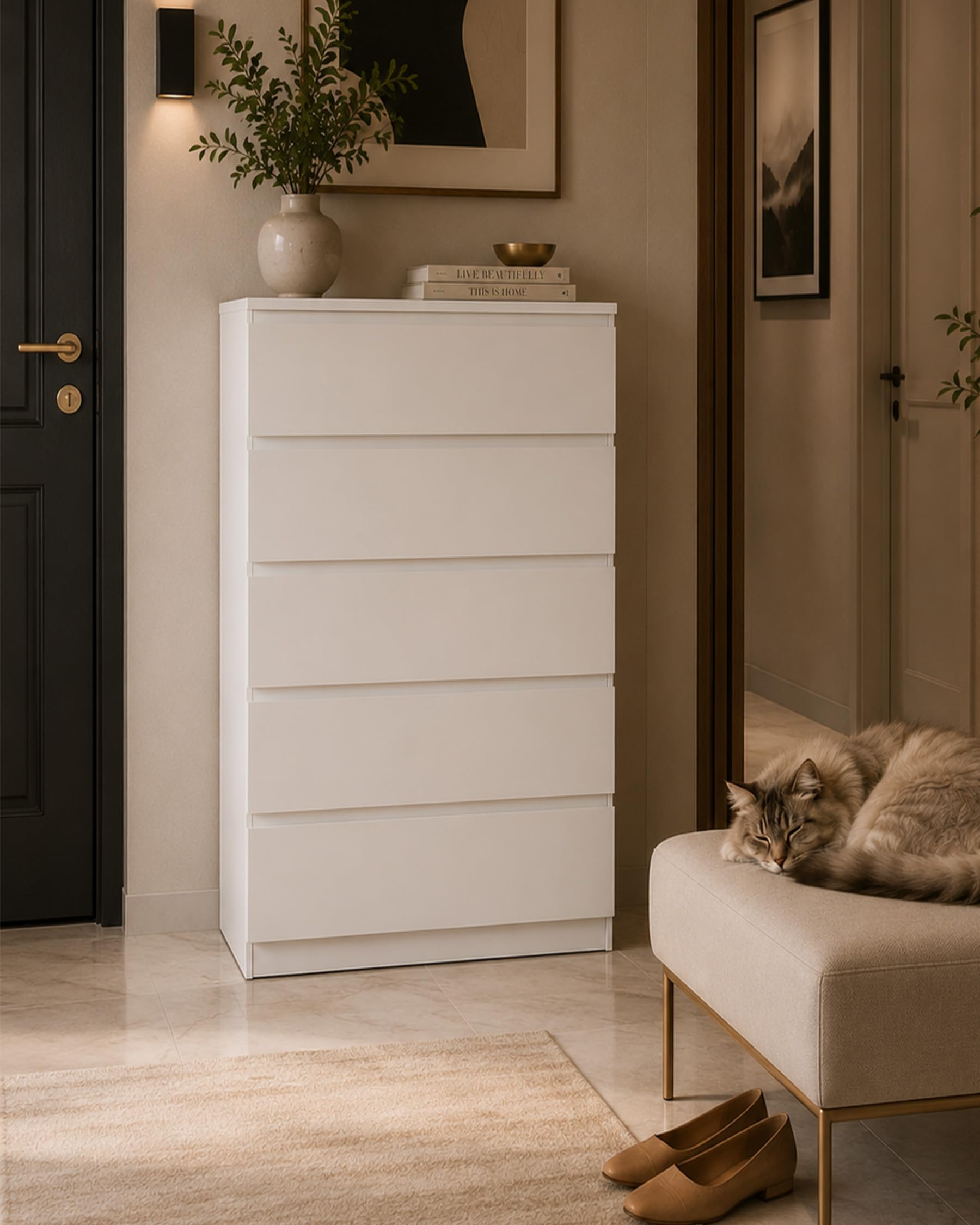 Cómoda Dormitorio 5 Cajones, Cajonera Blanca, Sinfonier Alto y Estrecho, Mueble Auxiliar para Dormitorio, Salón y Pasillo, 60 x 40 x 121 cm