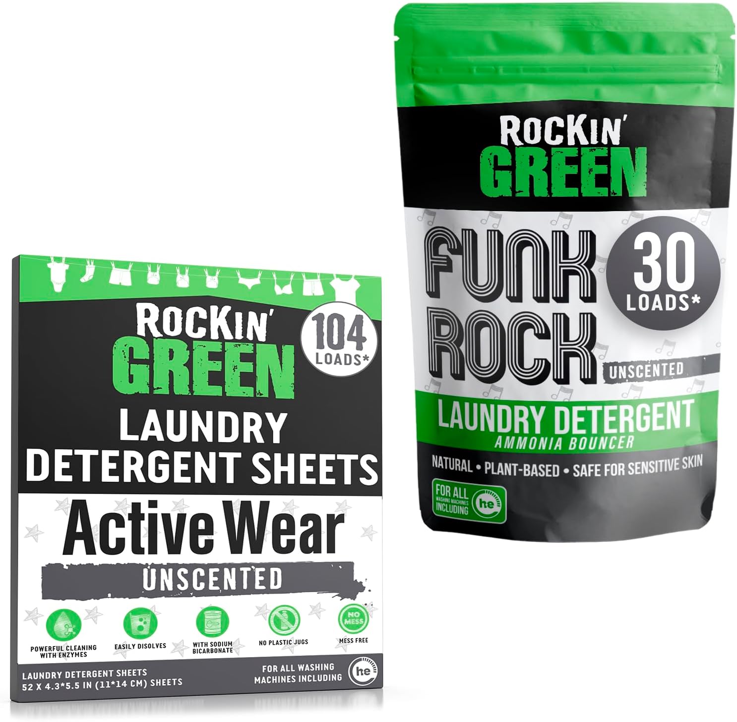 Rockin' Green Active Wear Travel Laundry Detergent Sheets Unscented (104 Loads) and Laundry Detergent Powder, Plant based, Safe for Sensitive Skin (Funk Rock Ammonia Bouncer 30 Loads - Unscented)