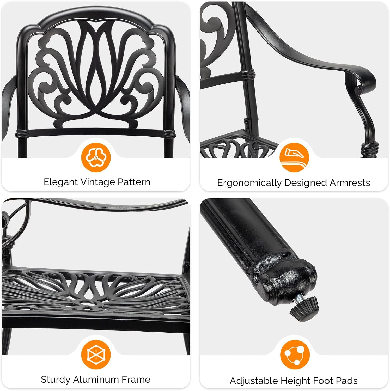 VINGLI Patio Chairs Set of 2 - Stackable Outdoor Cast Aluminum Dining Chairs with Vintage Black Finish and Floral Pattern, Metal Armchairs for Poolside, Backyard, Balcony (with Cushion)