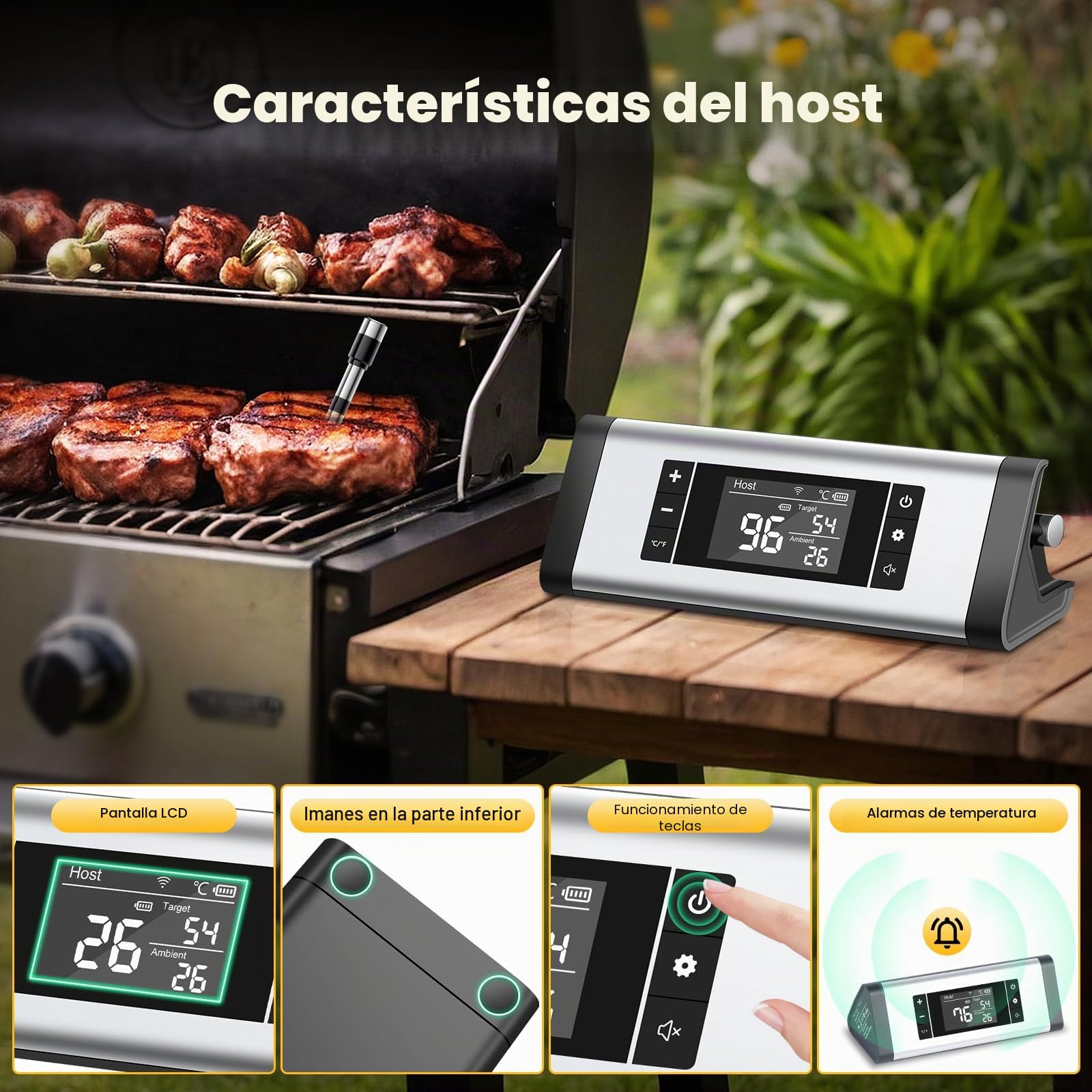 Termometro Cocina, 243M Bluetooth Termometro Digital Cocina Inalámbrico con Aplicación, IP67 a Prueba de Agua Meat Thermometer Con pantalla LCD, Función de Alarma, Ideal para Parrilla, Horno, BBQ