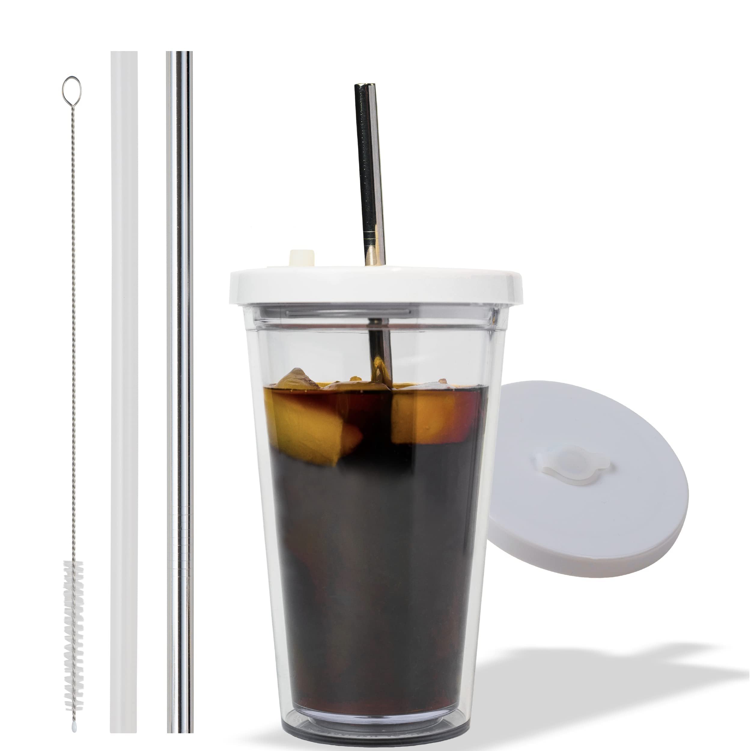Reusable Iced Coffee Cup (16 Oz/Grande), Leak Proof and Double Wall Insulated Iced Coffee Tumbler, Come with Reusable Plastic and Metal Straws and Straw Cleaner - White