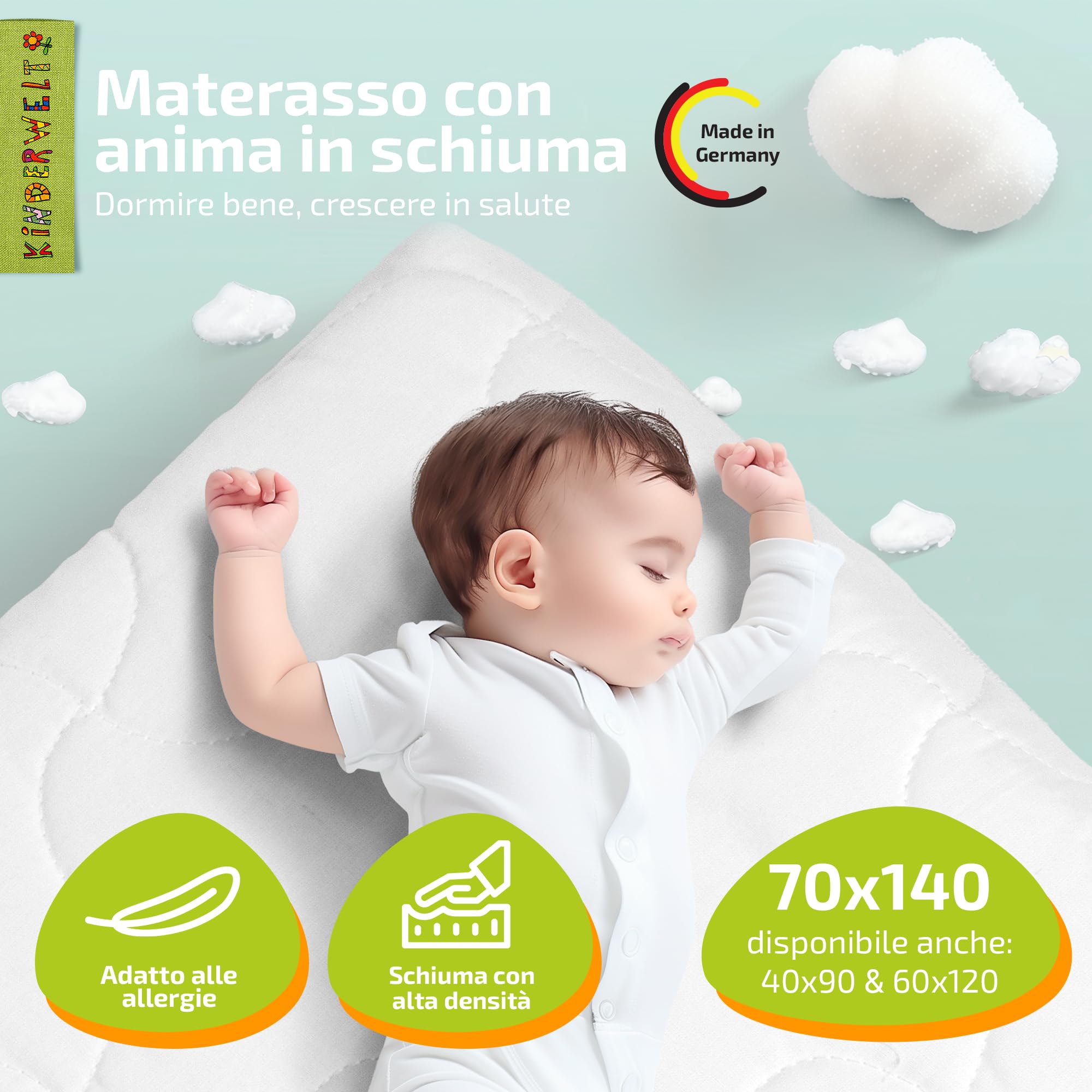 Kinderwelt Materasso in Schiuma Neonato Comfort Trapuntato Materasso per Neonato Materasso 70 x 140 Bianco Spugna